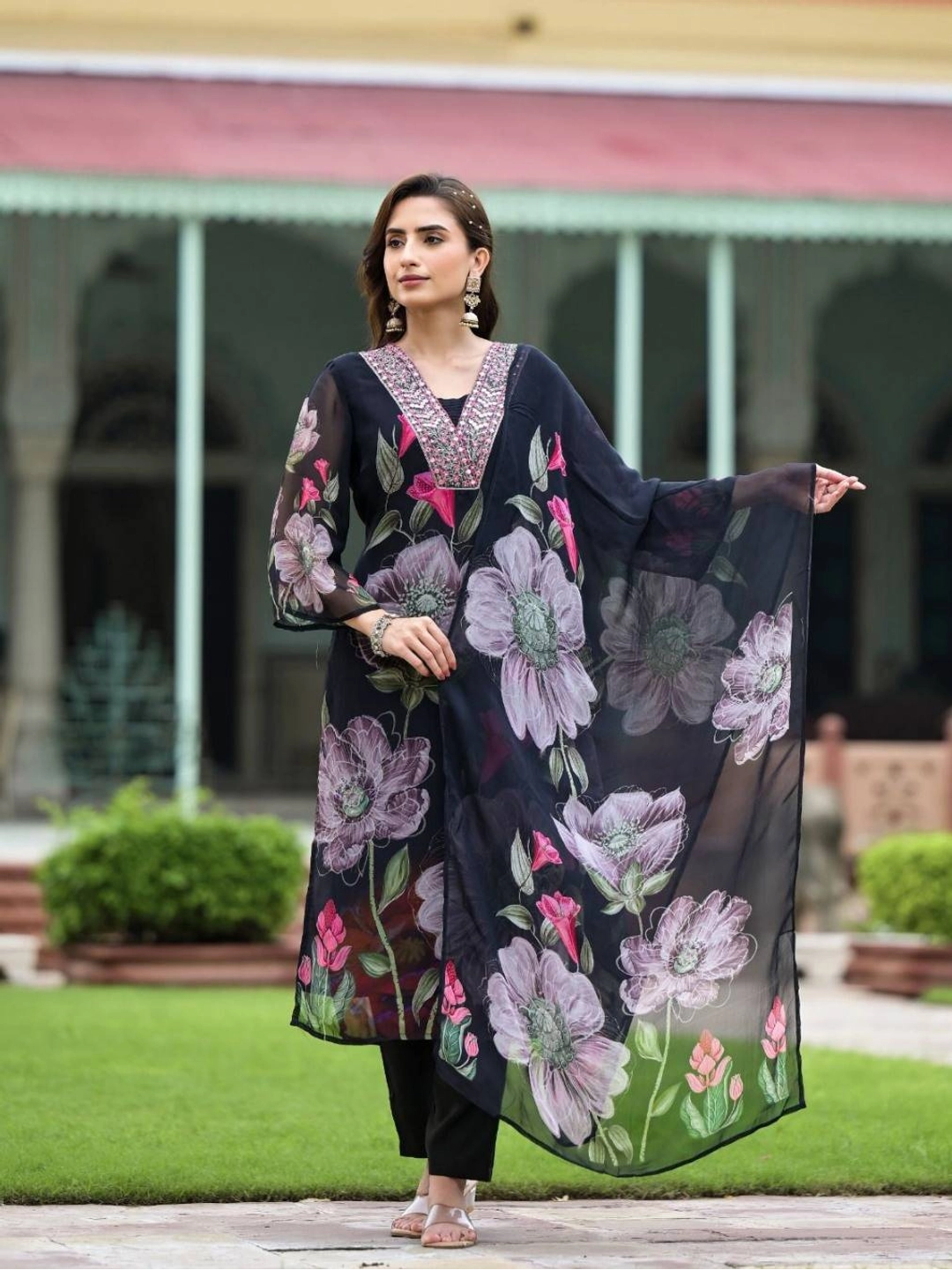Black Floral Printed Georgette Kurti Set - Rheycart