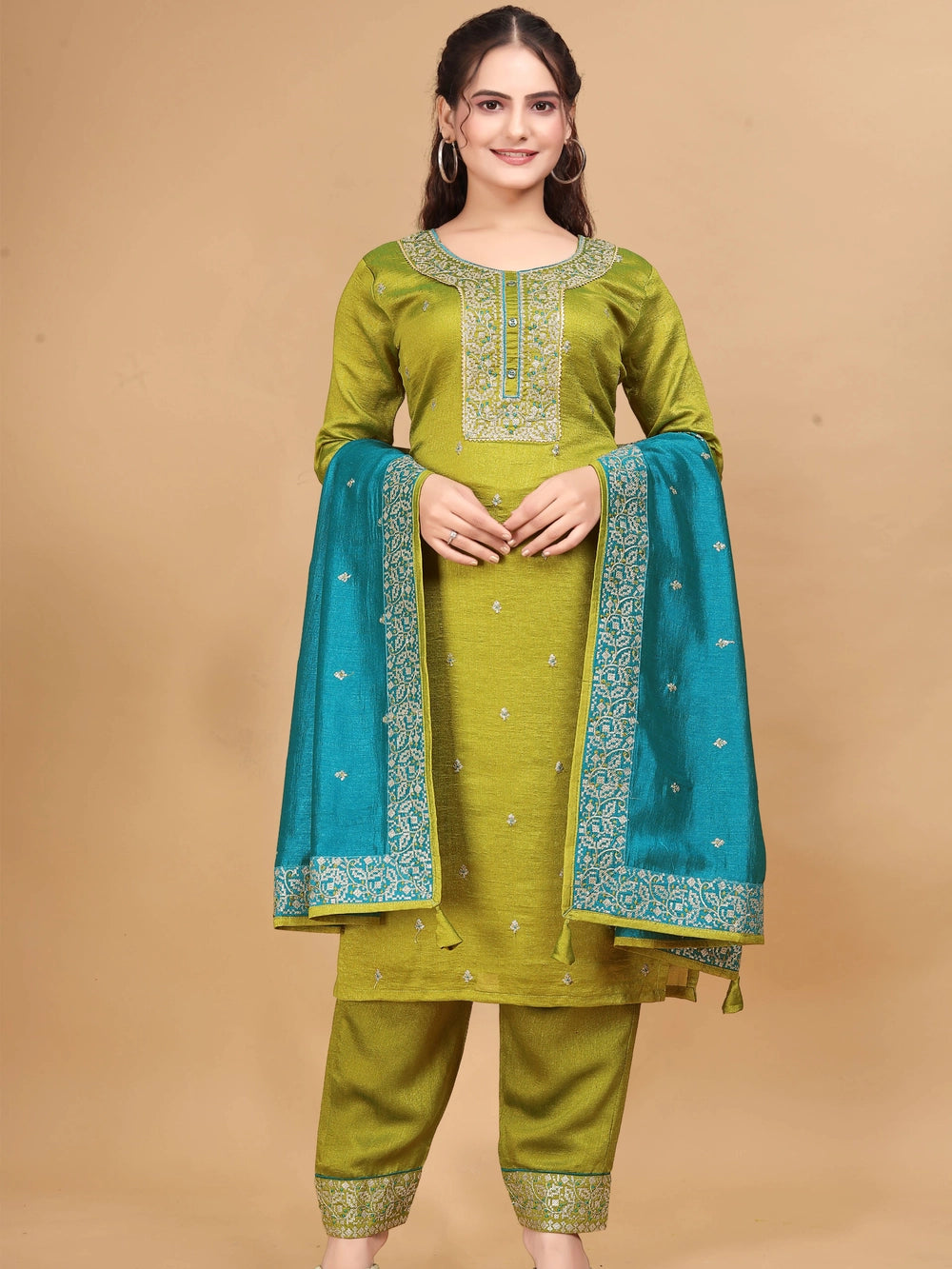 Vichitra Silk Lime Green Women Kurti Set - Rheycart