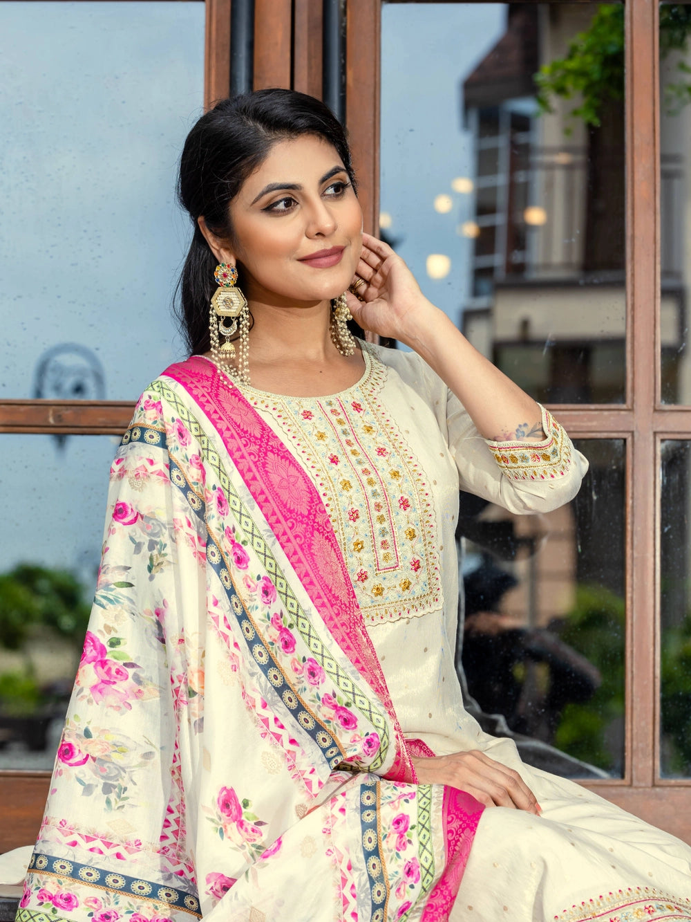 Off White Embroidered Cotton Kurti Set with Dupatta - Rheycart