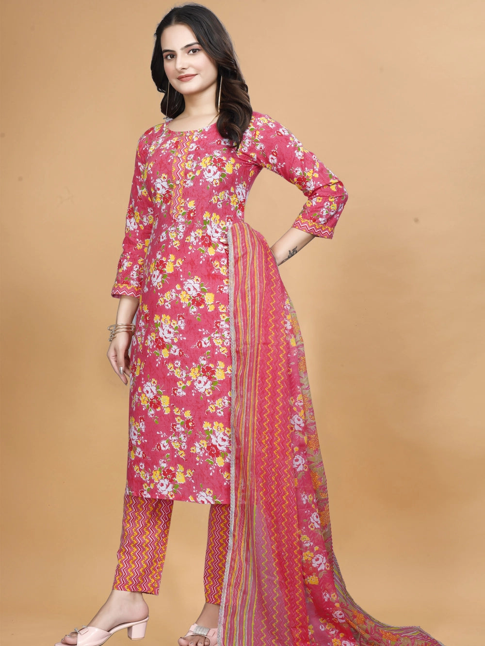 Red Cotton Daily Wear Kurti Set With Dupatta - Rheycart