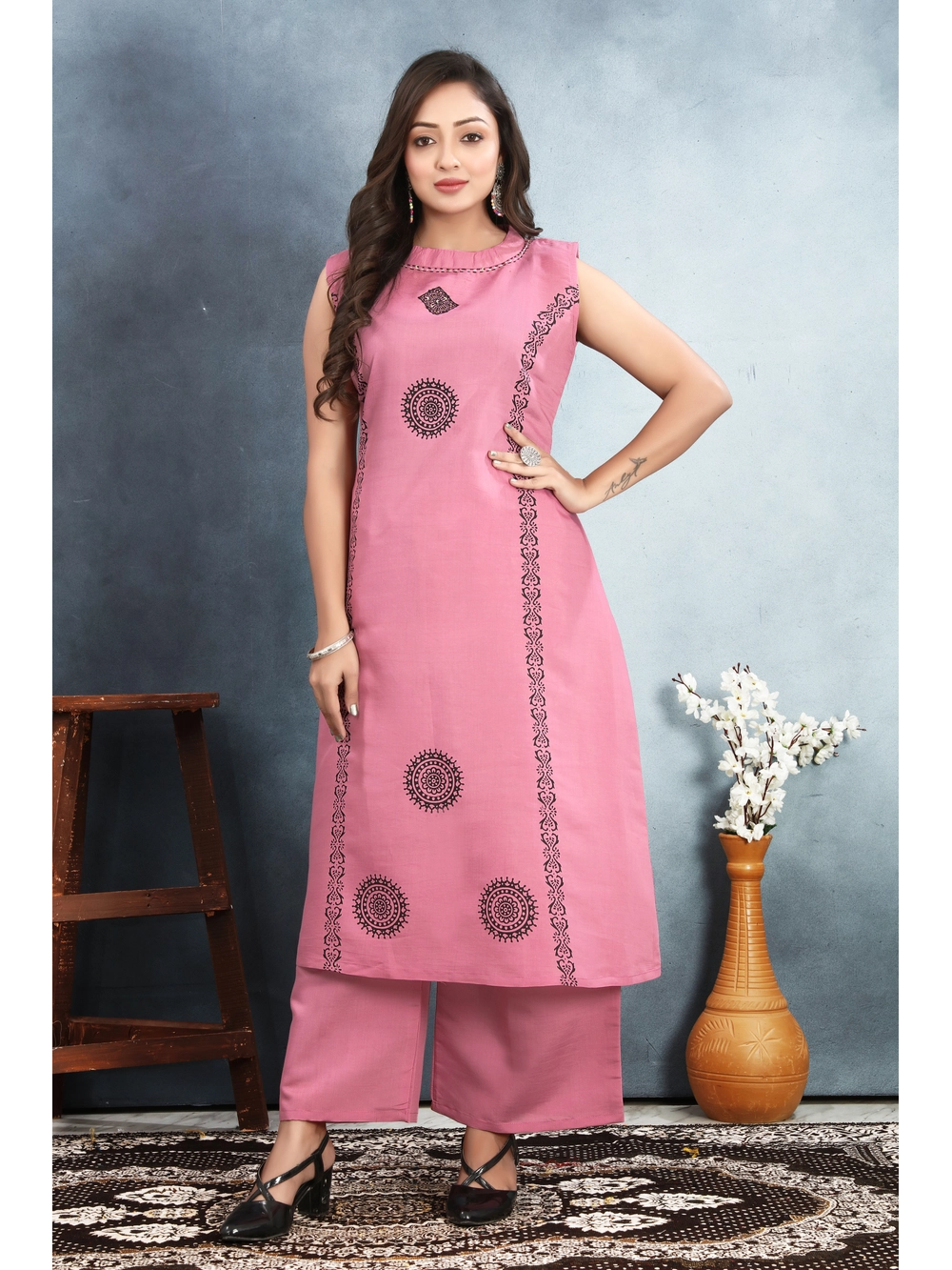Roman Silk Pink Kurti Set For Women - Rheycart