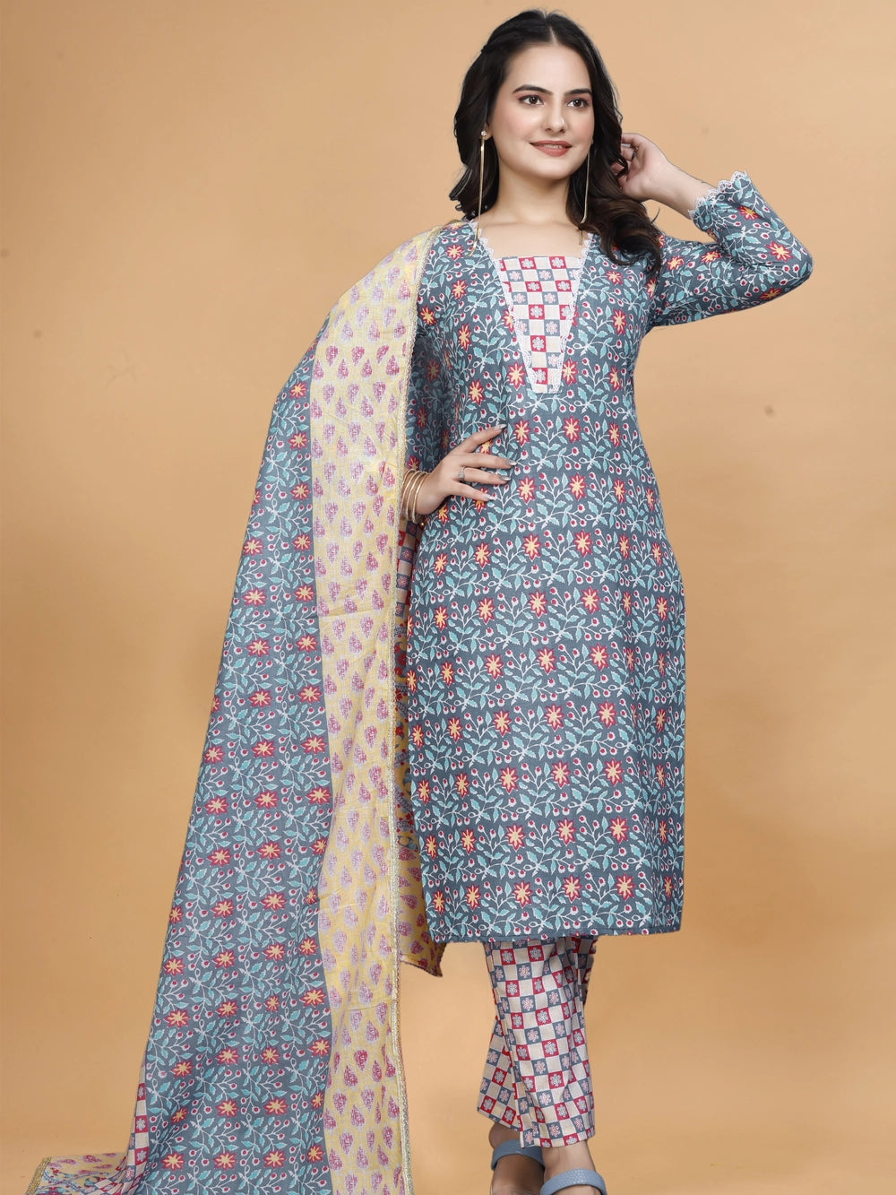 Floral Printed Gray Cotton Kurti Set With Dupatta - Rheycart