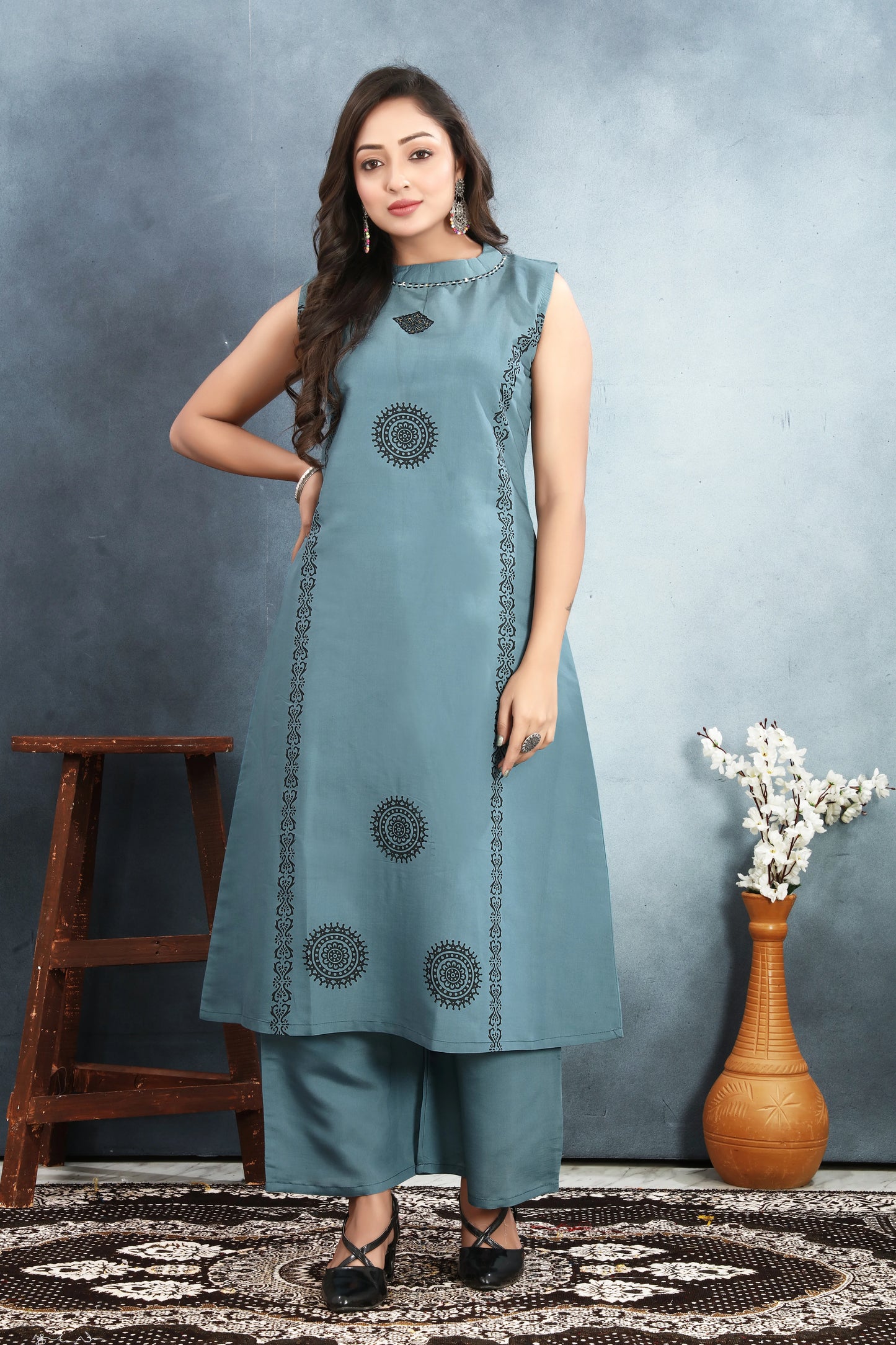 A-Line Roman Silk Blue Kurti Set - Rheycart