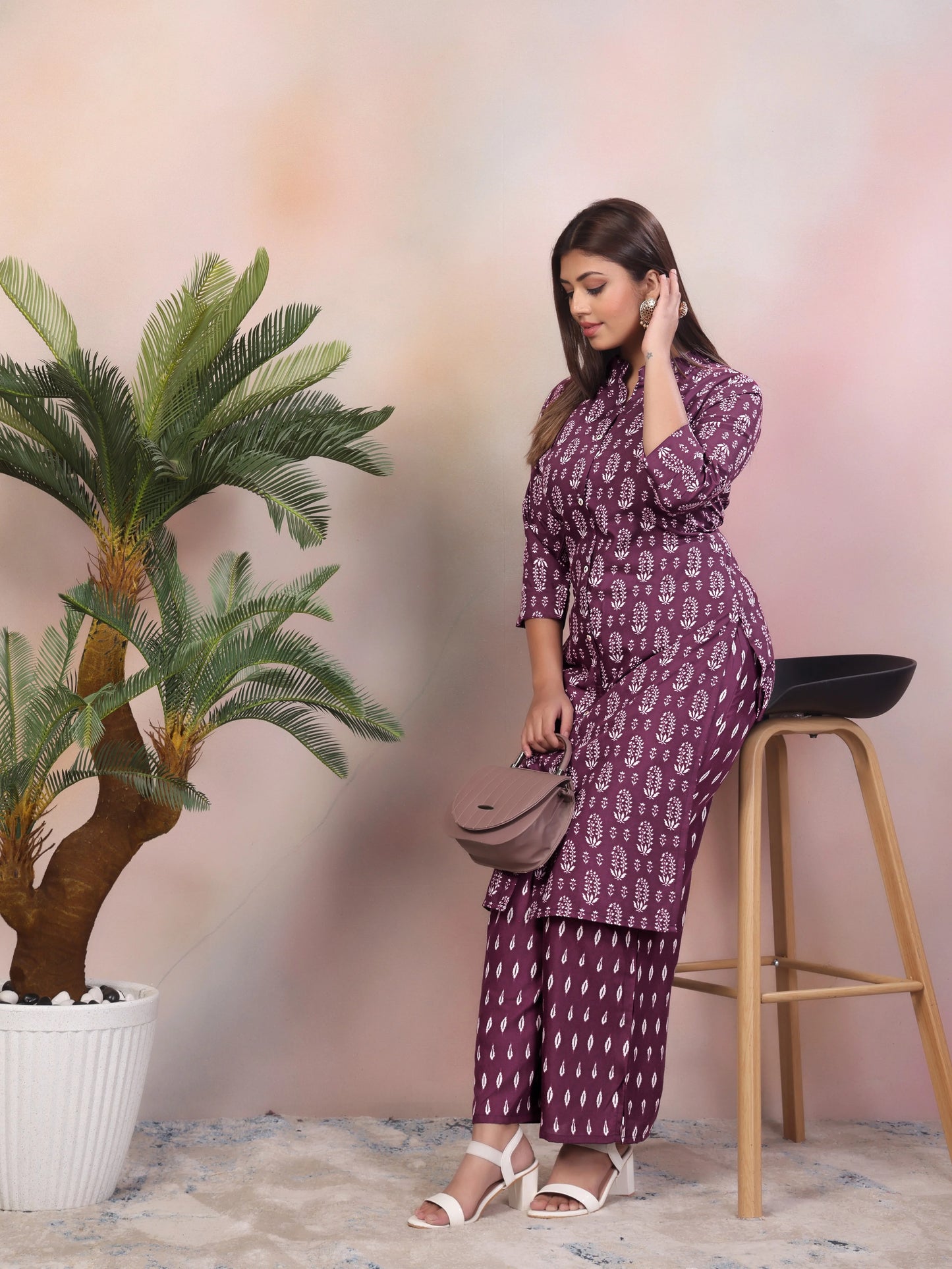 Casual Wine Rayon Material Women's Kurti Set - Rheycart