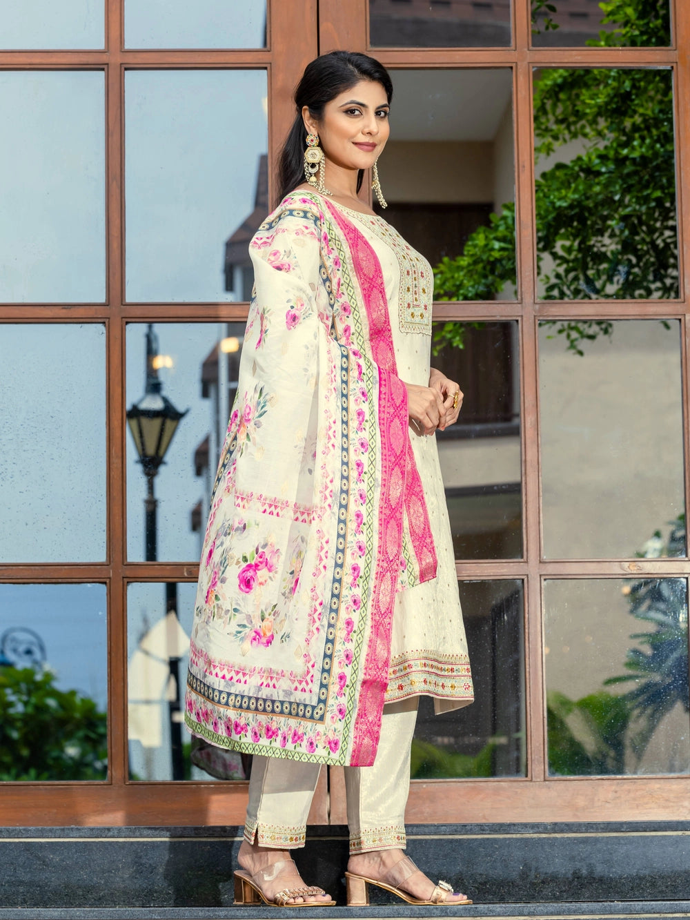 Off White Embroidered Cotton Kurti Set with Dupatta - Rheycart