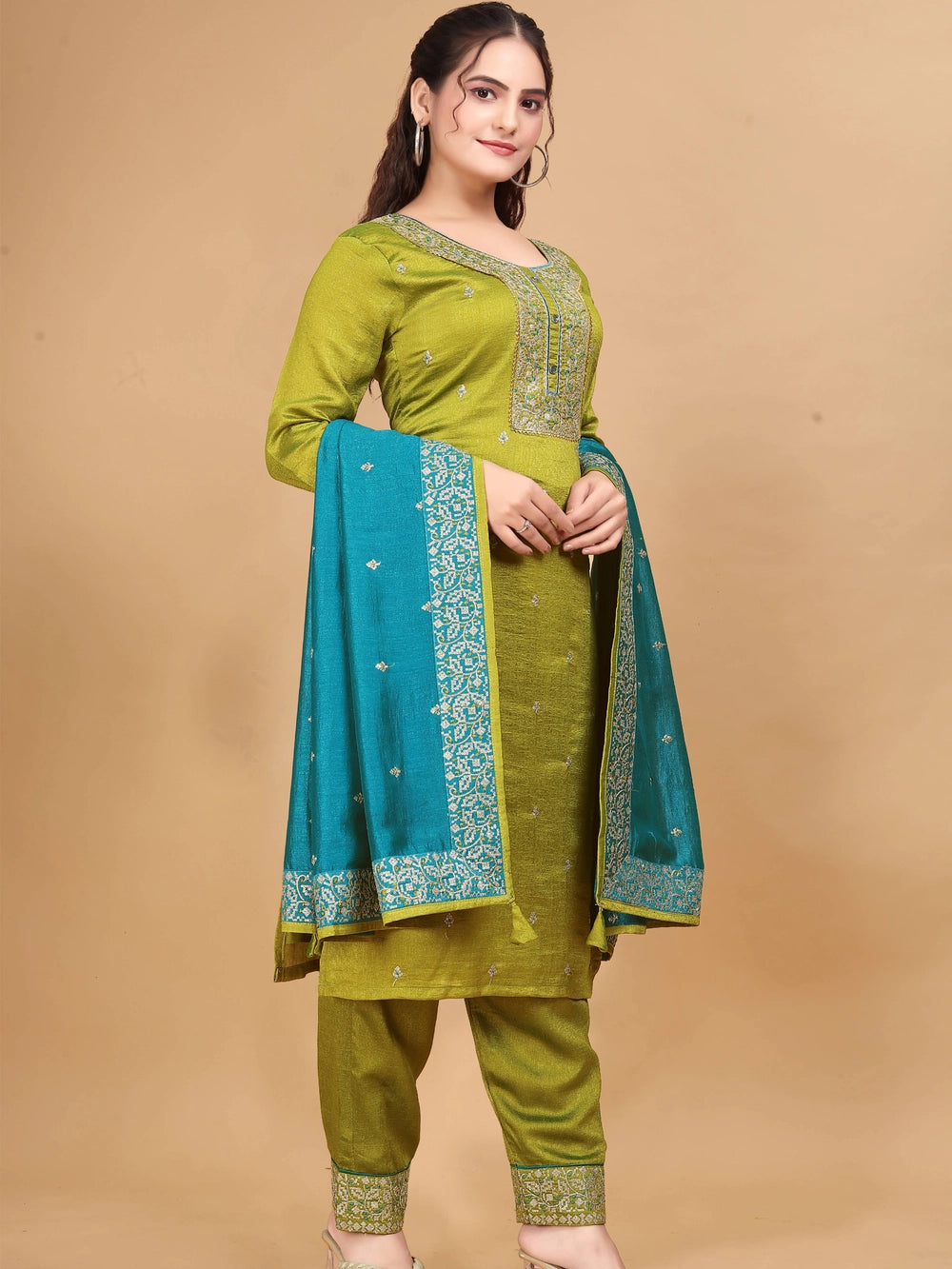 Vichitra Silk Lime Green Women Kurti Set - Rheycart
