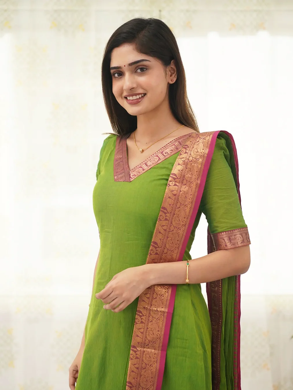 Light Green Kanchi Cotton V Neck Kurti And Dupatta - Rheycart