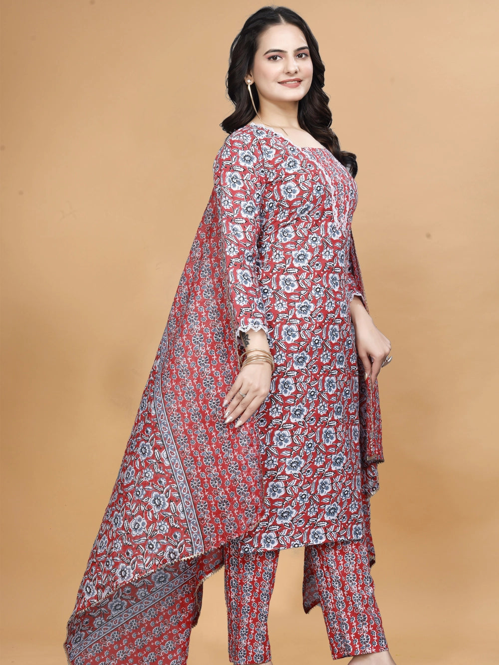 Rusy Red Cotton Floral Printed Kurti Set - Rheycart