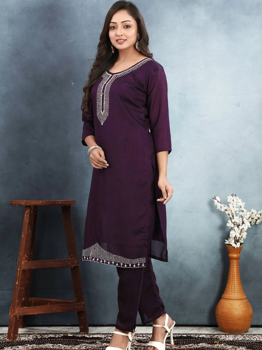 Wine Colour Vichitra Silk Embroidery Kurti Set - Rheycart