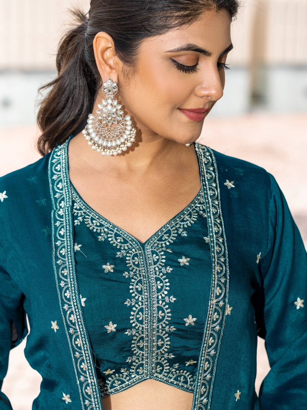 Teal Color Vichitra Silk Top Bottom With Shrug - Rheycart