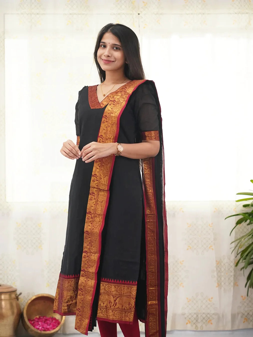 Kanchi Cotton V Neck Black Kurti And Dupatta - Rheycart