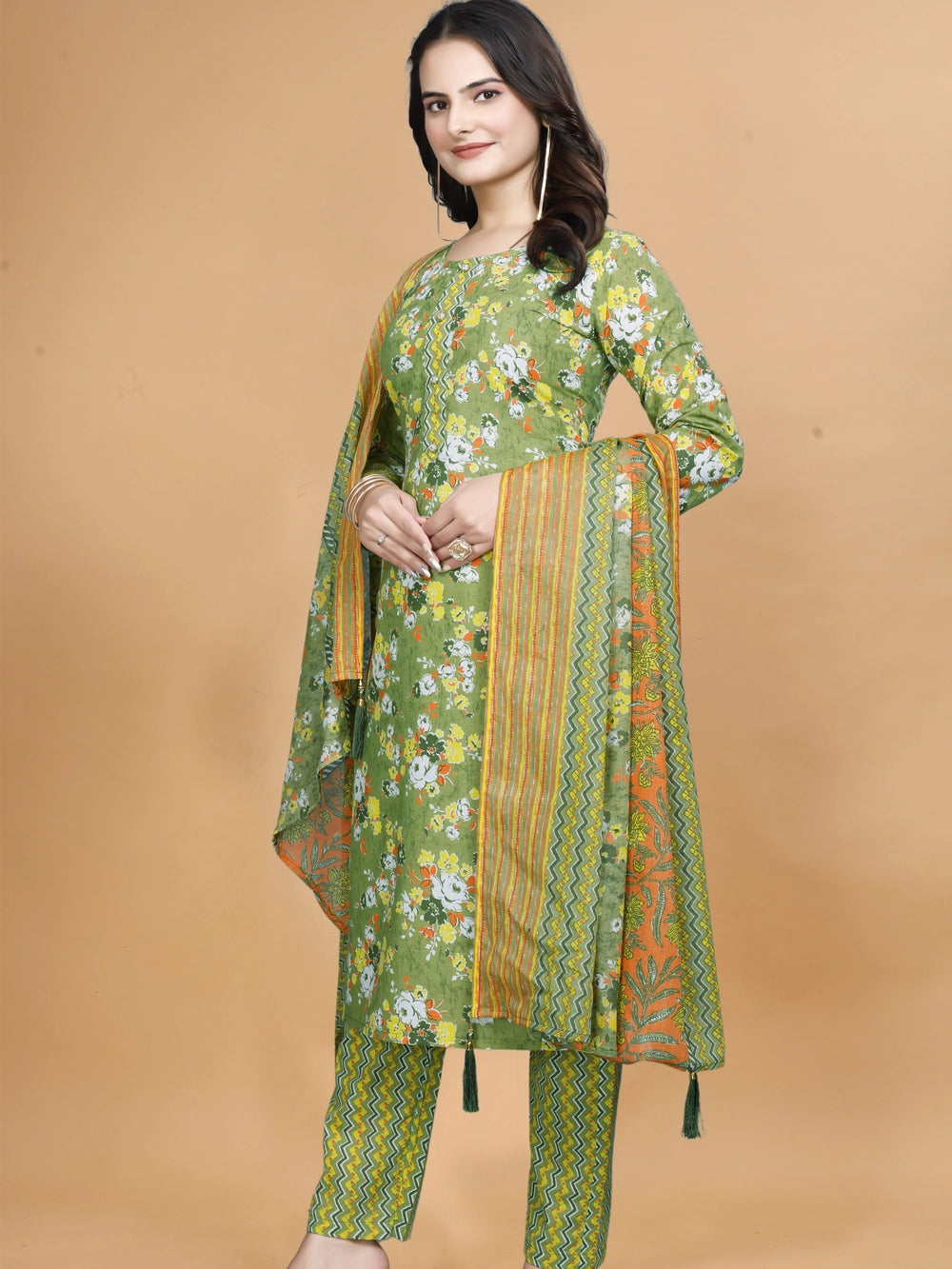 Floral Printed Parrot Green Cotton Kurti Set With Dupatta - Rheycart