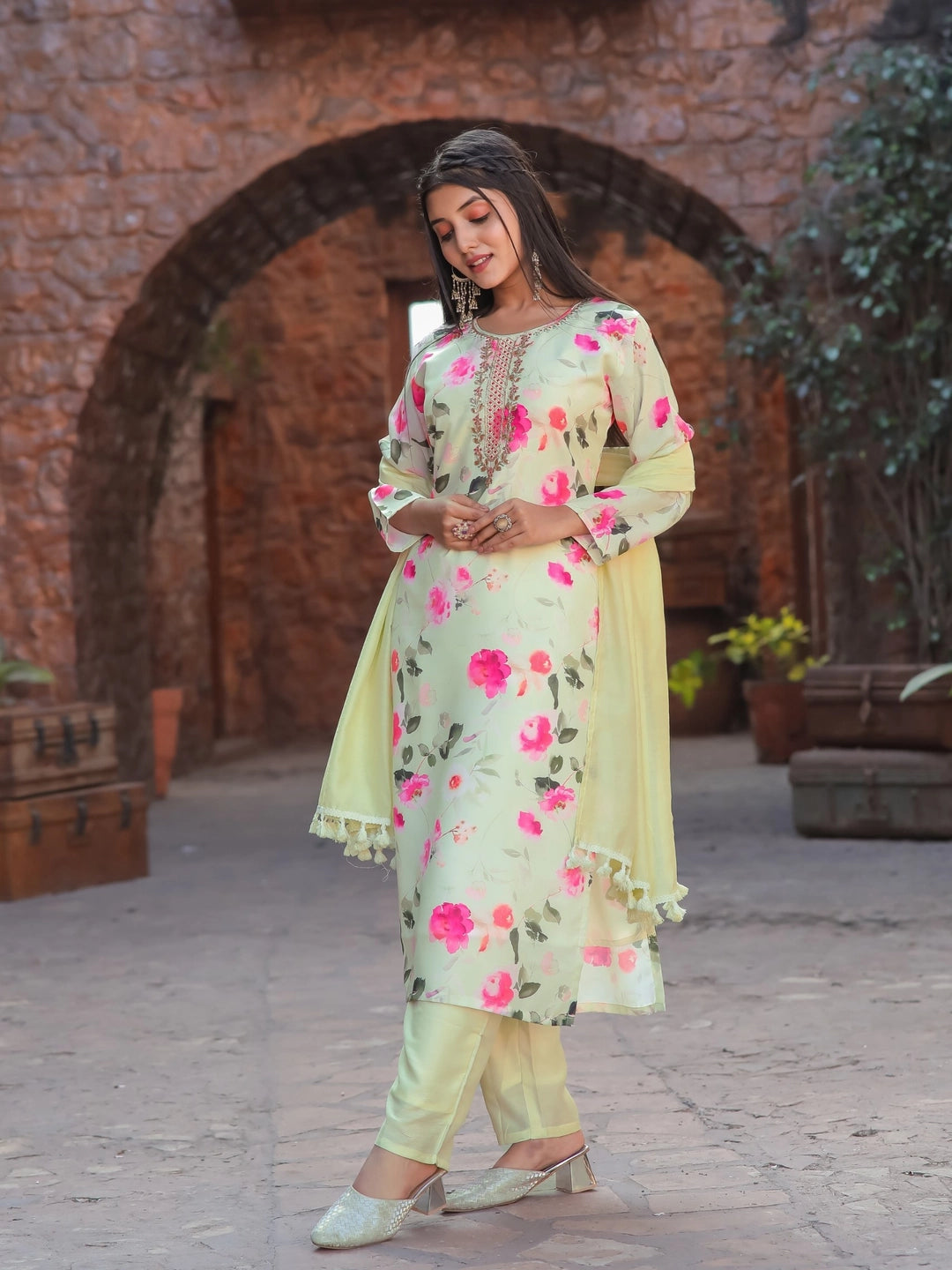 Light Yellow Floral Printed Kurta Set with Dupatta - Rheycart