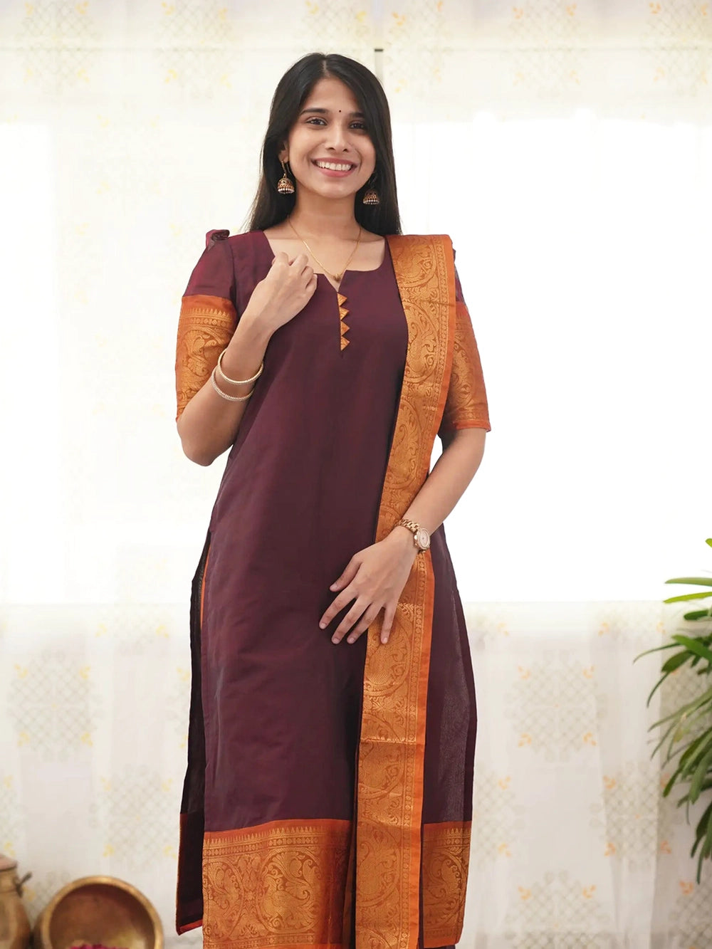 South indian Kanchi Cotton Brown Kurti With Dupatta - Rheycart