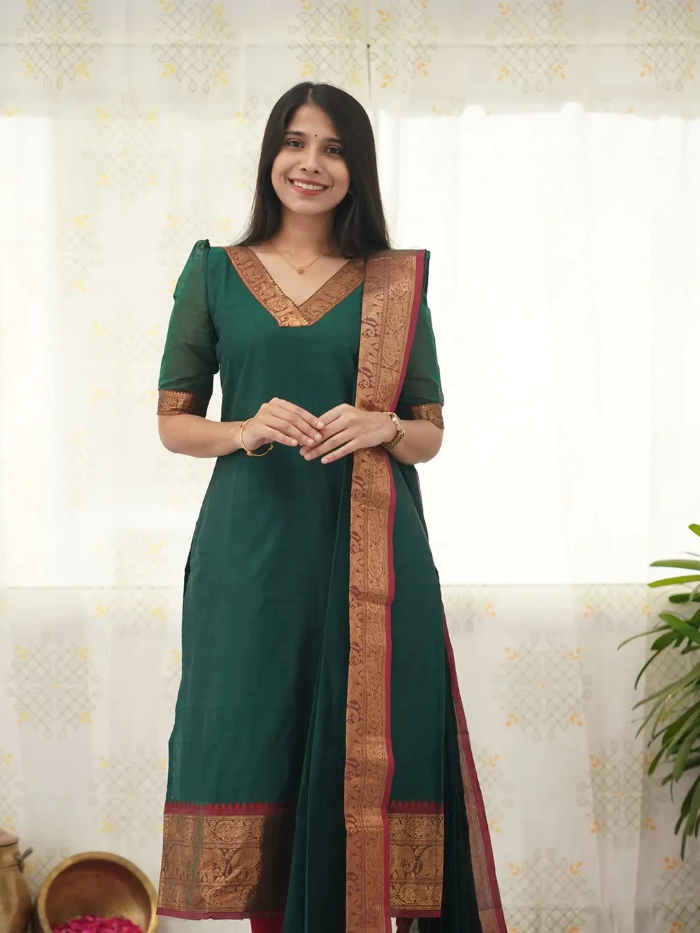 Green Kanchi Cotton V Neck Kurti And Dupatta - Rheycart
