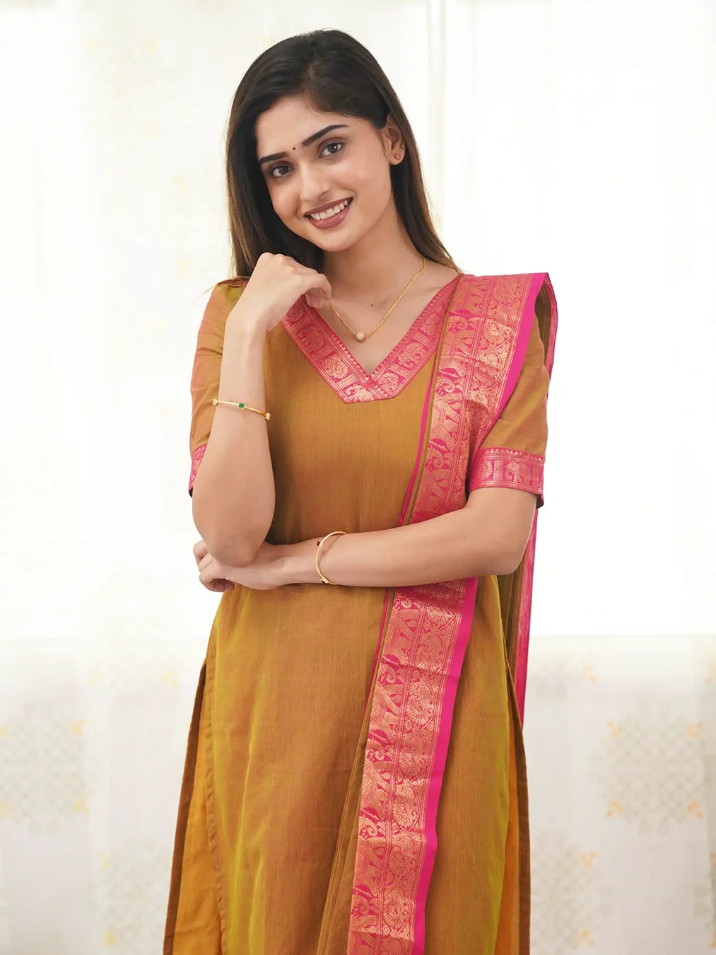 Kanchi Cotton V Neck Mustard Color Kurti And Dupatta - Rheycart