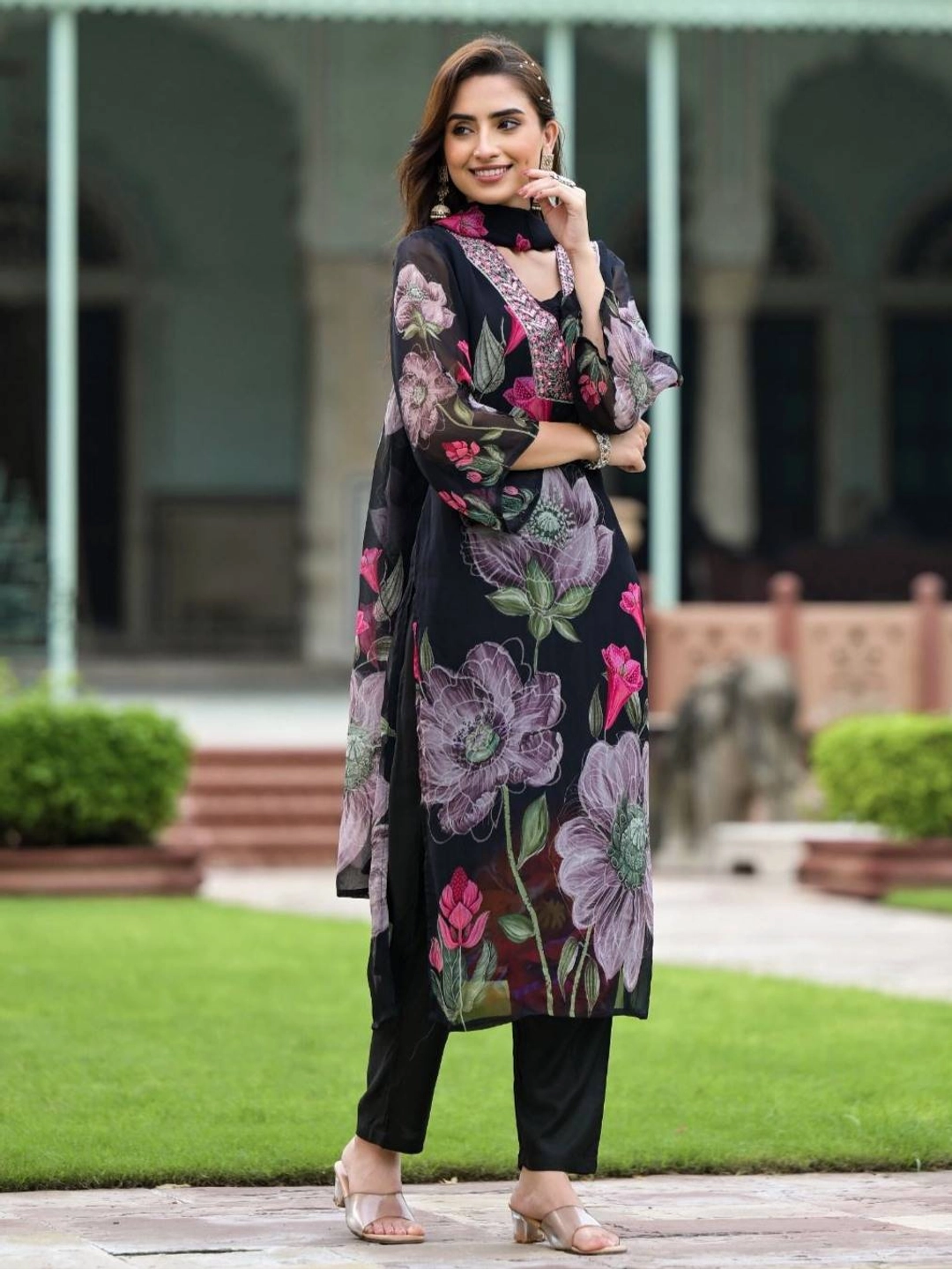 Black Floral Printed Georgette Kurti Set - Rheycart