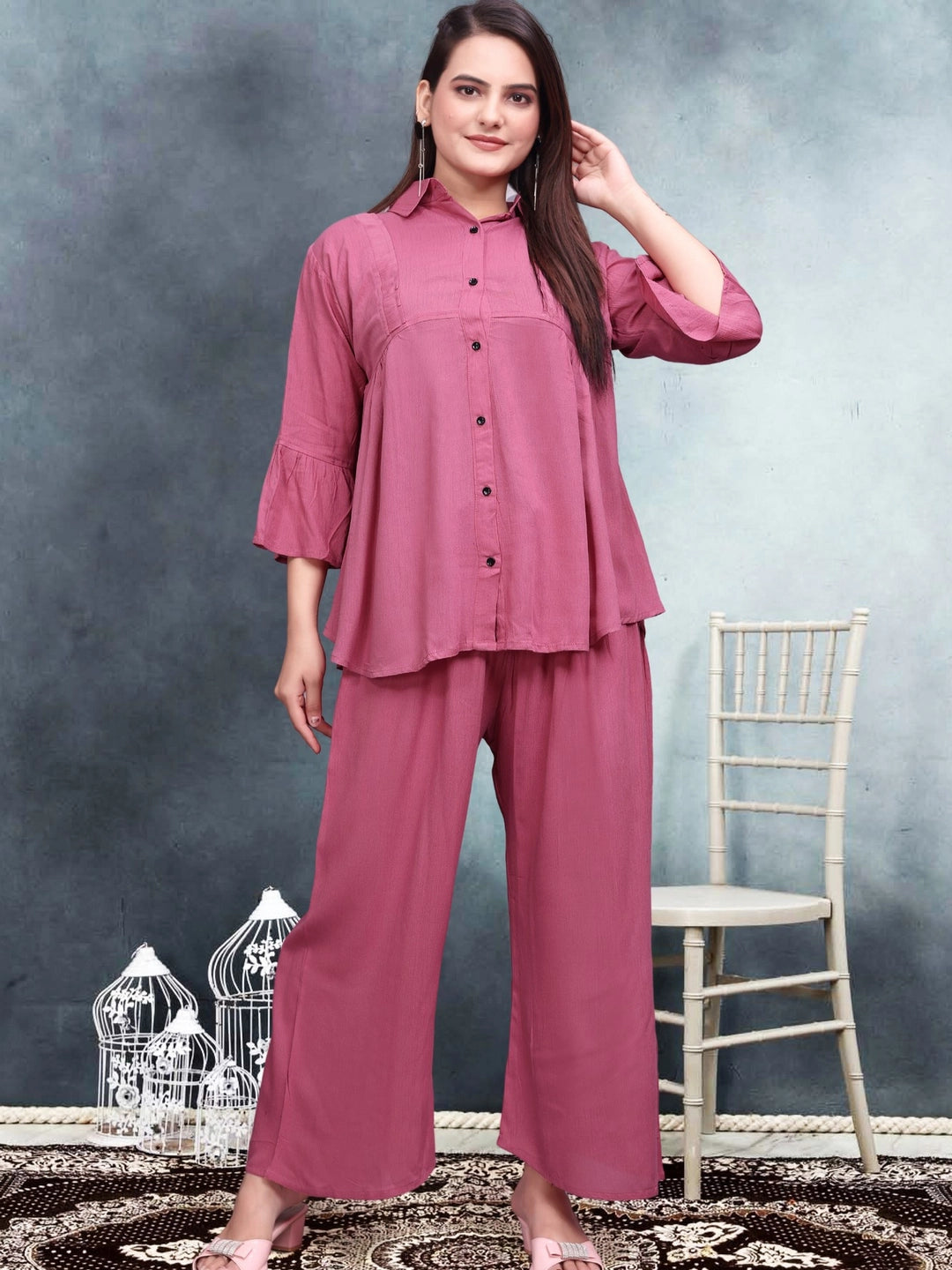 Pink Relaxed Fit Crinkle Cotton Co-ord Set - Rheycart