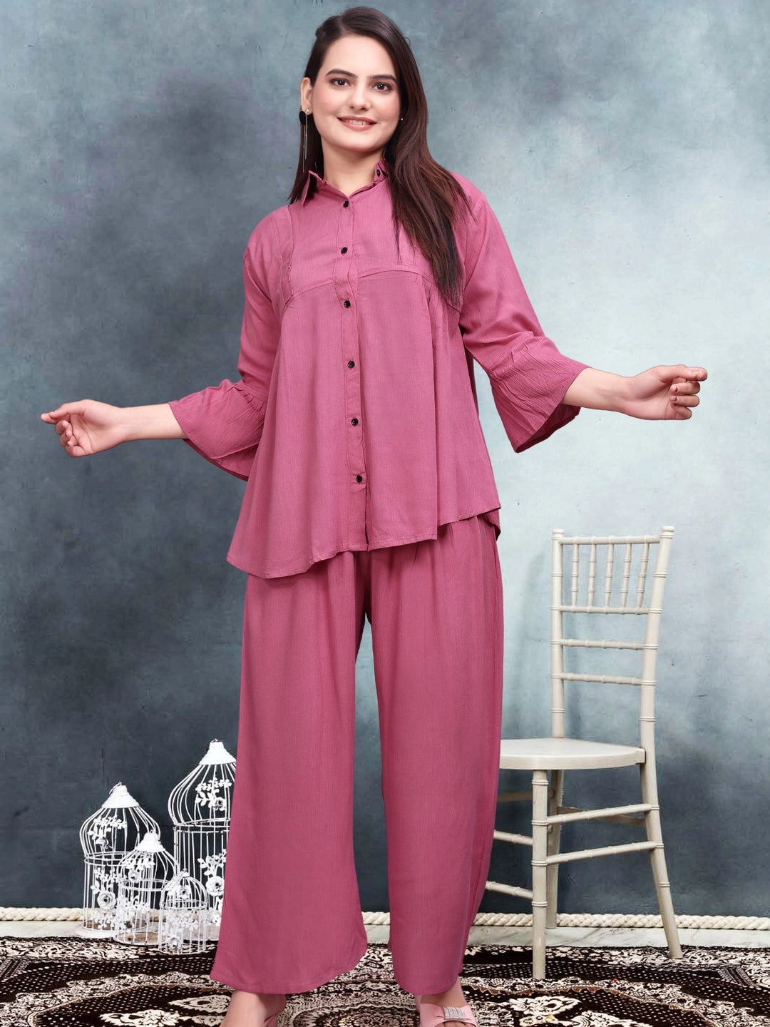 Pink Relaxed Fit Crinkle Cotton Co-ord Set - Rheycart