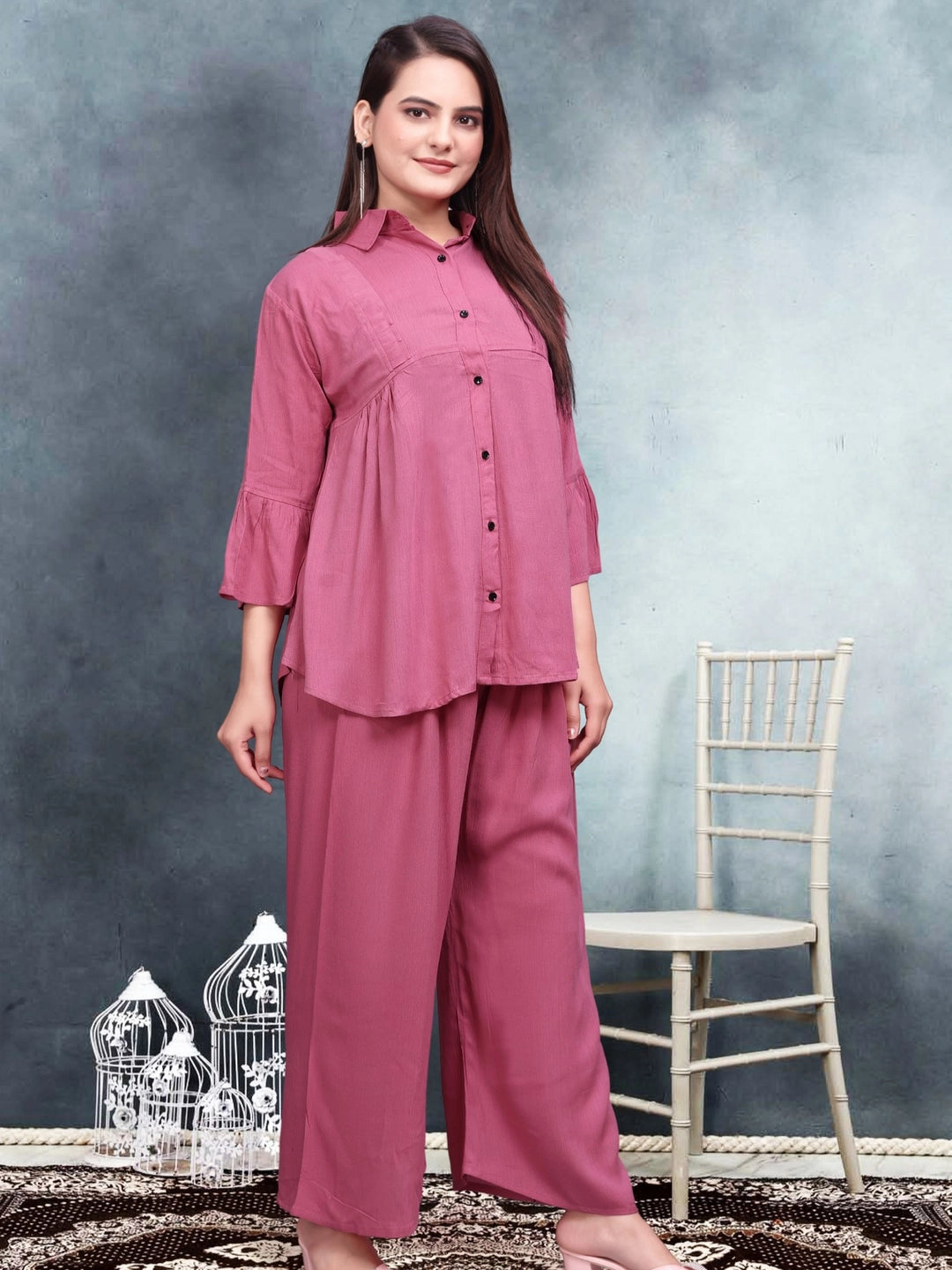 Pink Relaxed Fit Crinkle Cotton Co-ord Set - Rheycart