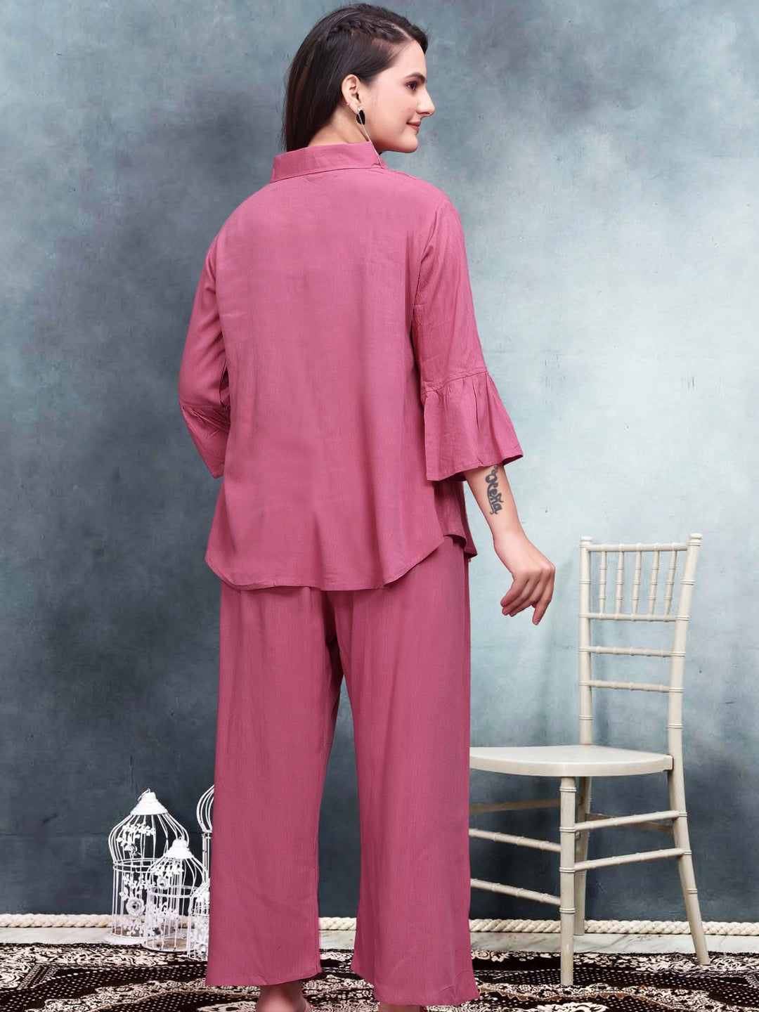 Pink Relaxed Fit Crinkle Cotton Co-ord Set - Rheycart