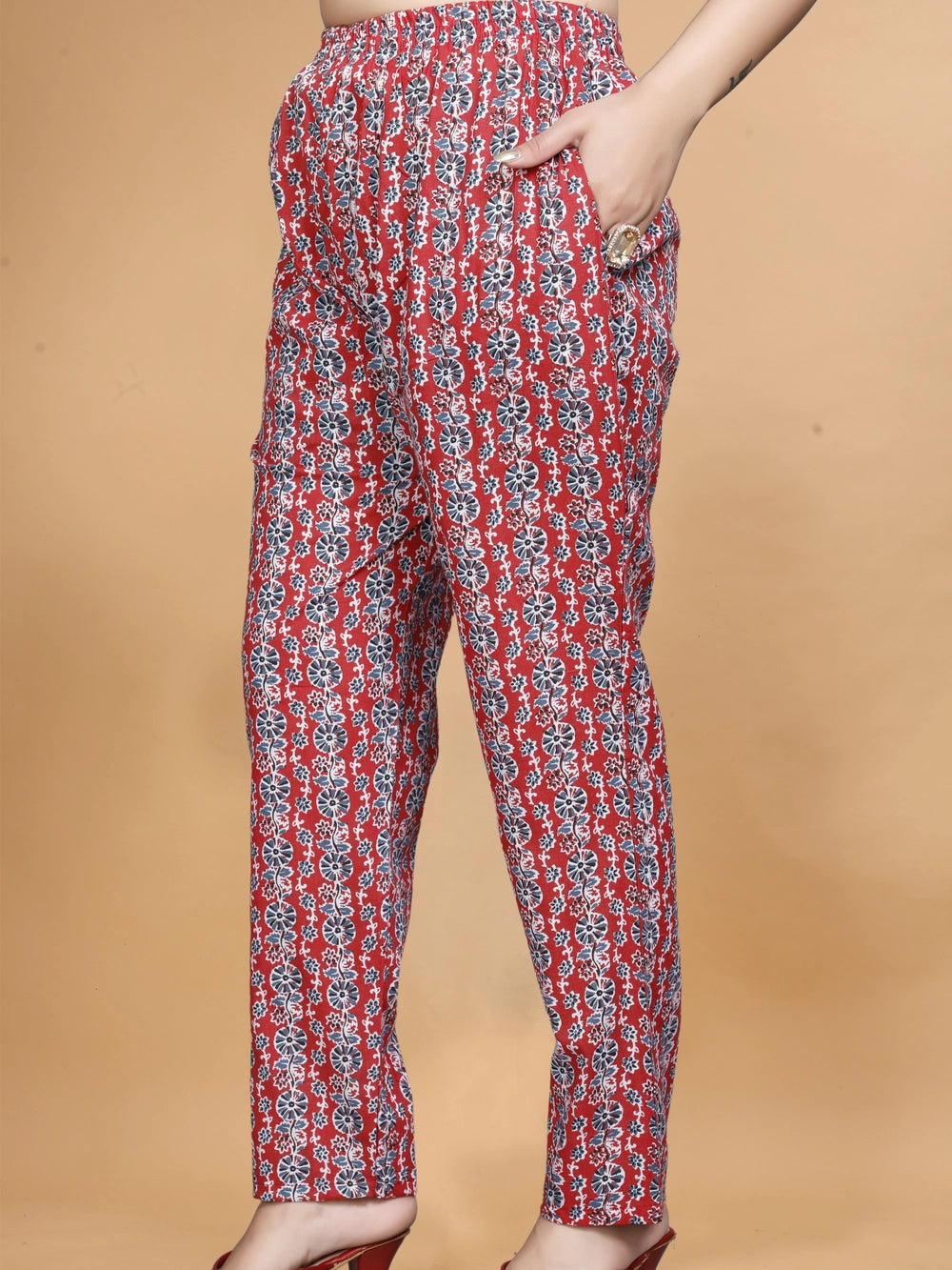 Rusy Red Cotton Floral Printed Kurti Set - Rheycart