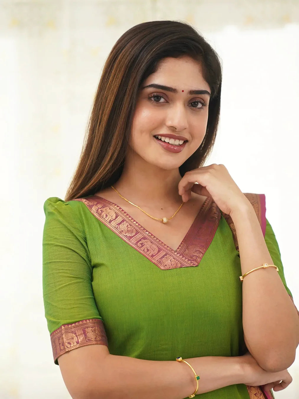 Light Green Kanchi Cotton V Neck Kurti And Dupatta - Rheycart