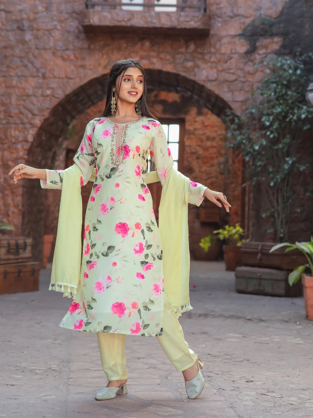 Light Yellow Floral Printed Kurta Set with Dupatta - Rheycart