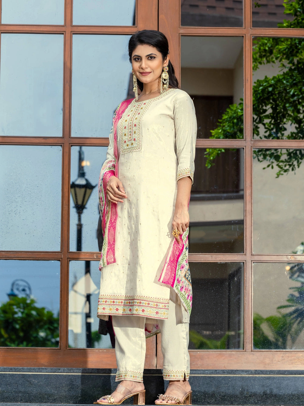 Off White Embroidered Cotton Kurti Set with Dupatta - Rheycart