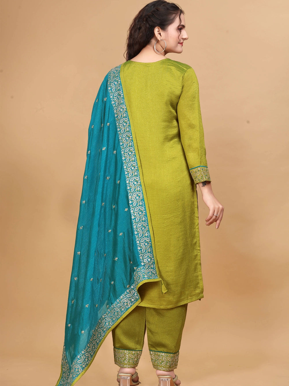 Vichitra Silk Lime Green Women Kurti Set - Rheycart