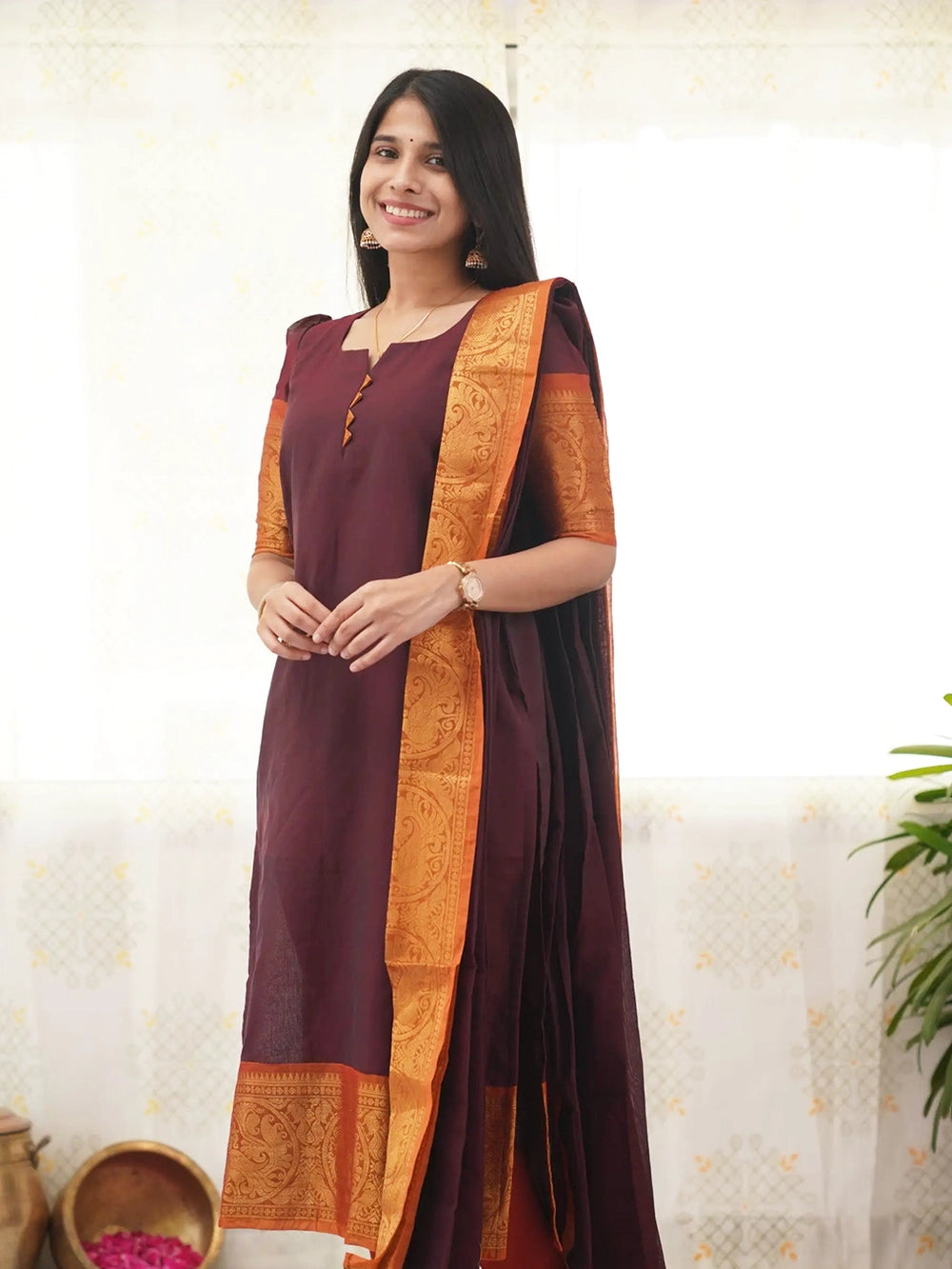 South indian Kanchi Cotton Brown Kurti With Dupatta - Rheycart