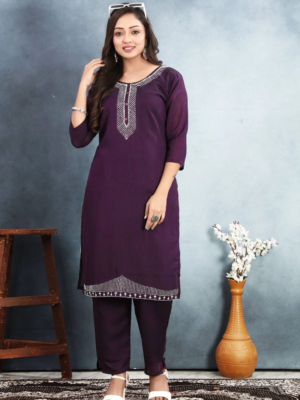 Wine Colour Vichitra Silk Embroidery Kurti Set - Rheycart