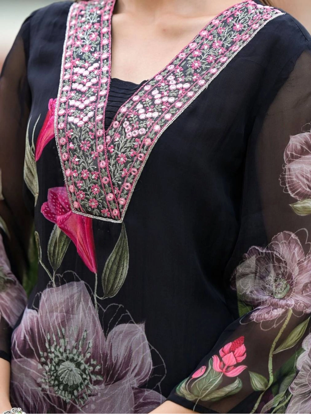 Black Floral Printed Georgette Kurti Set - Rheycart