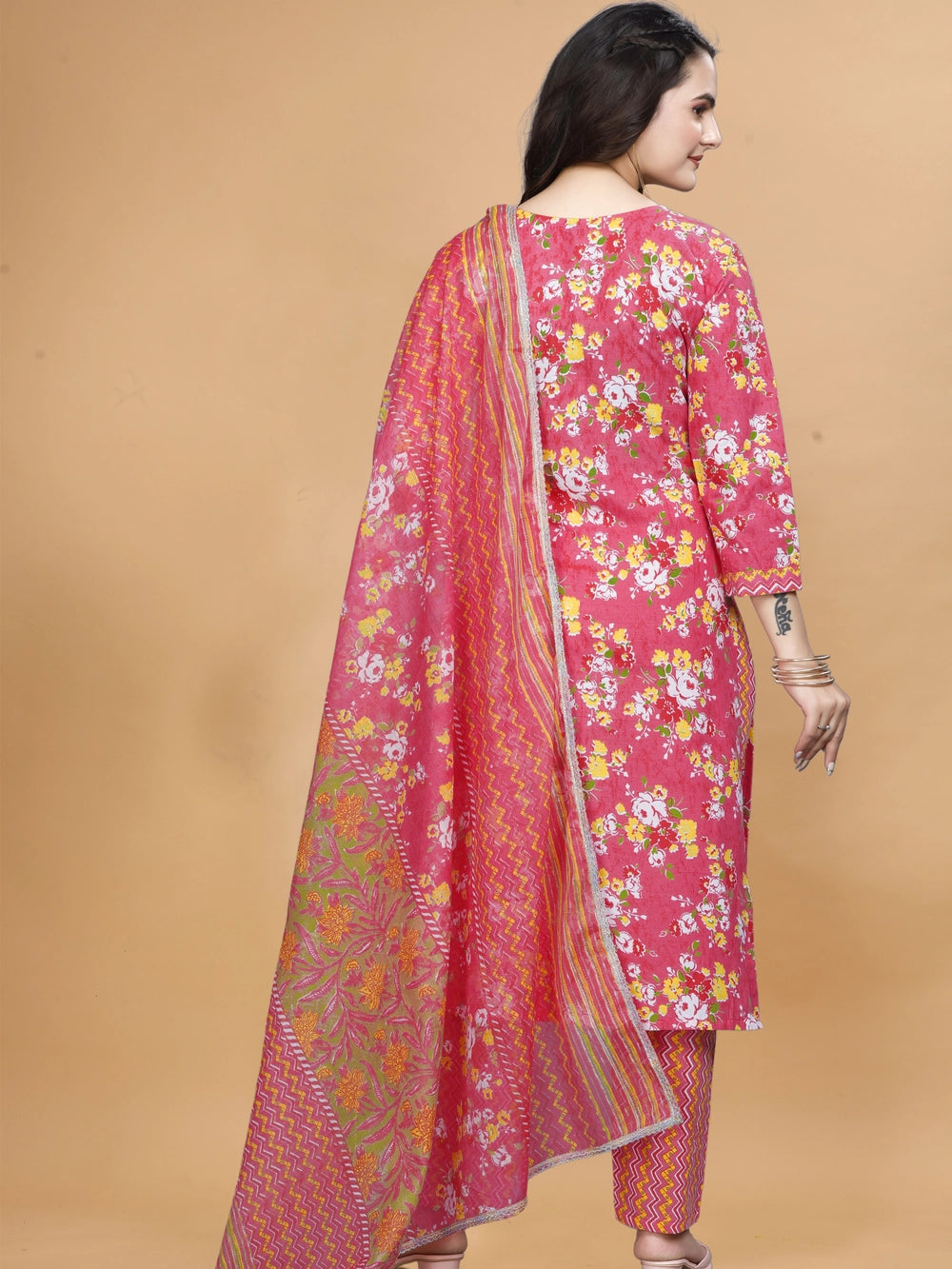 Red Cotton Daily Wear Kurti Set With Dupatta - Rheycart