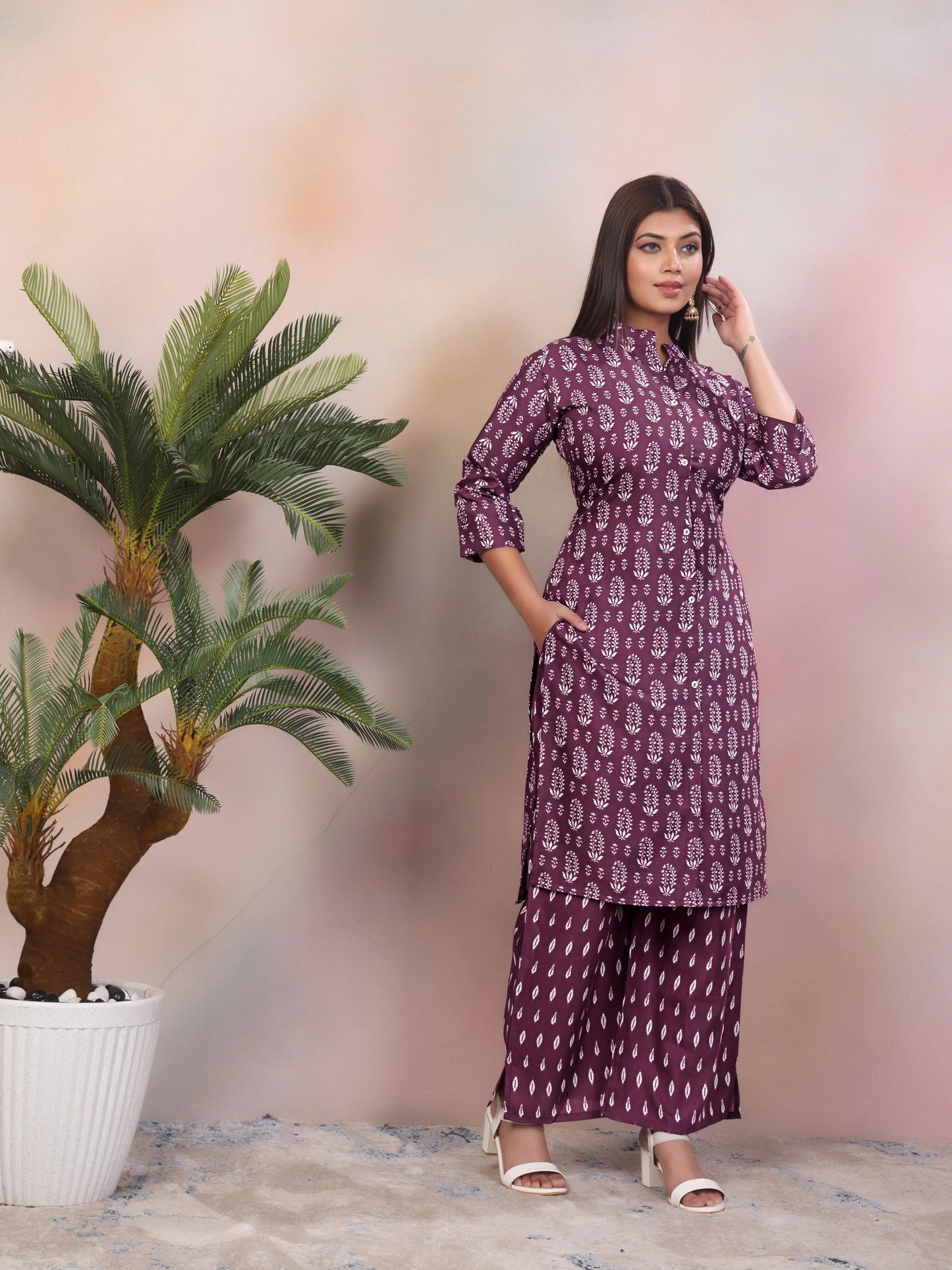 Casual Wine Rayon Material Women's Kurti Set - Rheycart