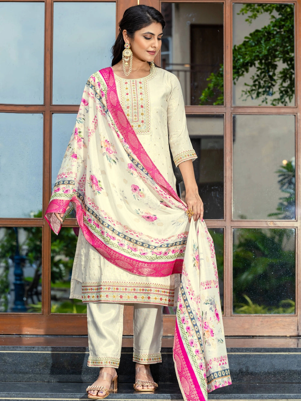 Off White Embroidered Cotton Kurti Set with Dupatta - Rheycart