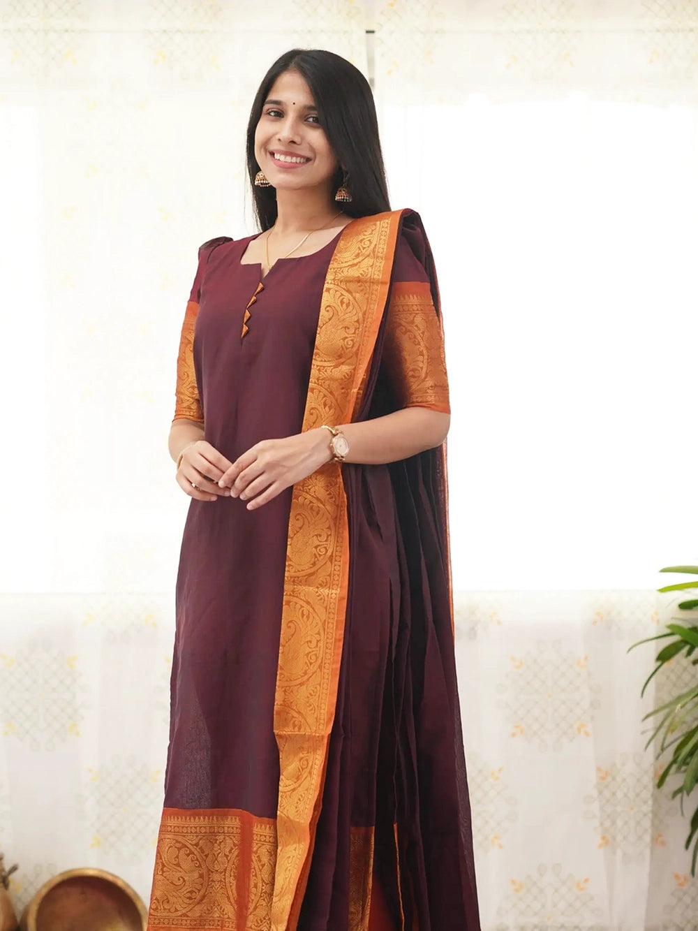 South indian Kanchi Cotton Brown Kurti With Dupatta - Rheycart