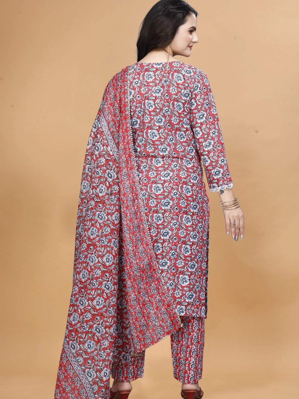 Rusy Red Cotton Floral Printed Kurti Set - Rheycart