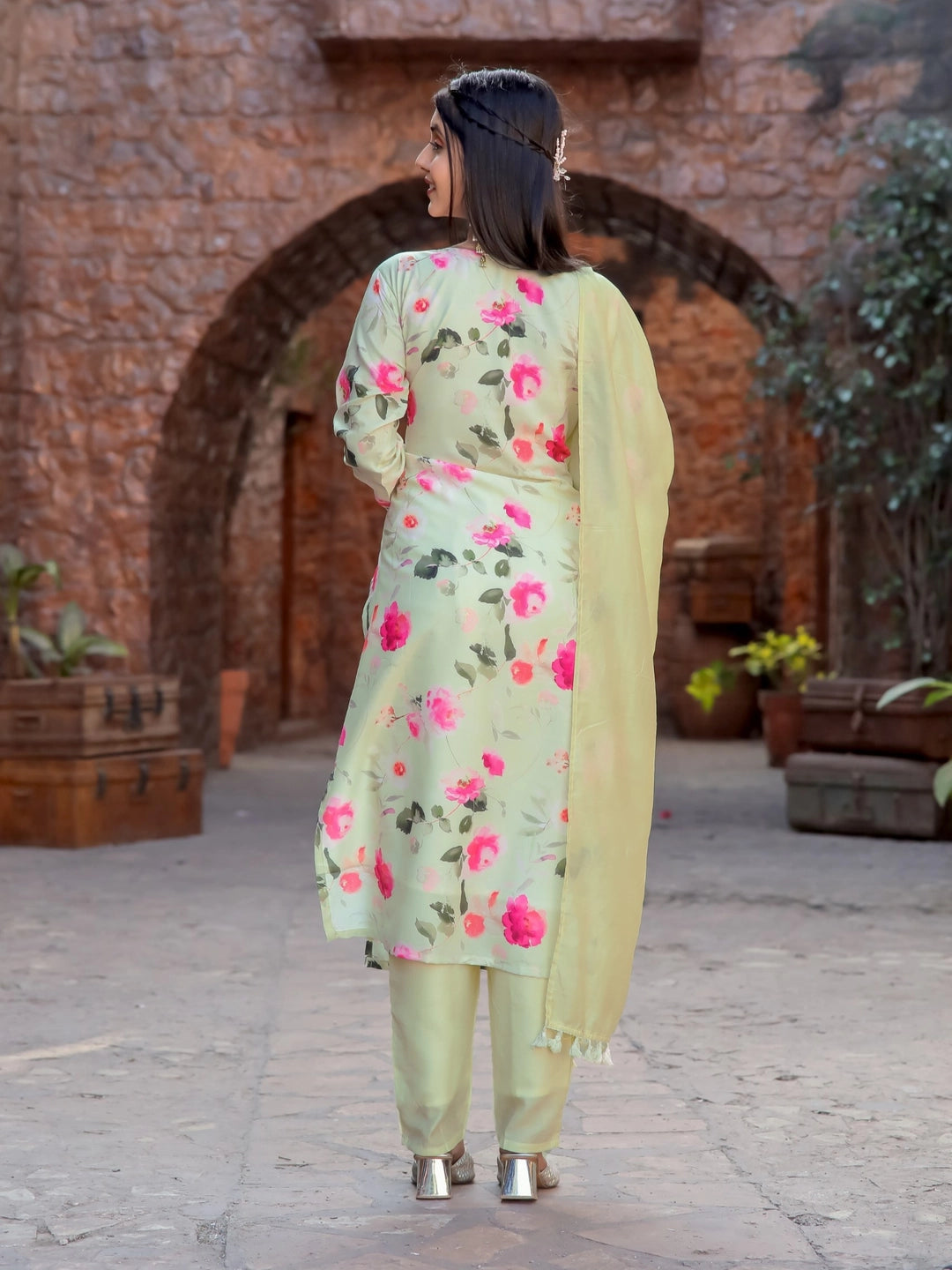 Light Yellow Floral Printed Kurta Set with Dupatta - Rheycart