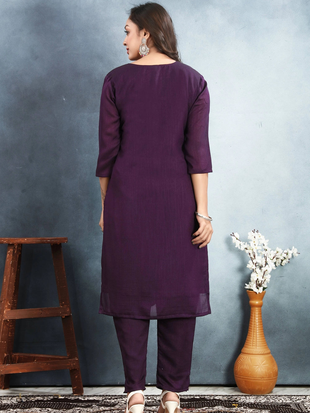 Wine Colour Vichitra Silk Embroidery Kurti Set - Rheycart