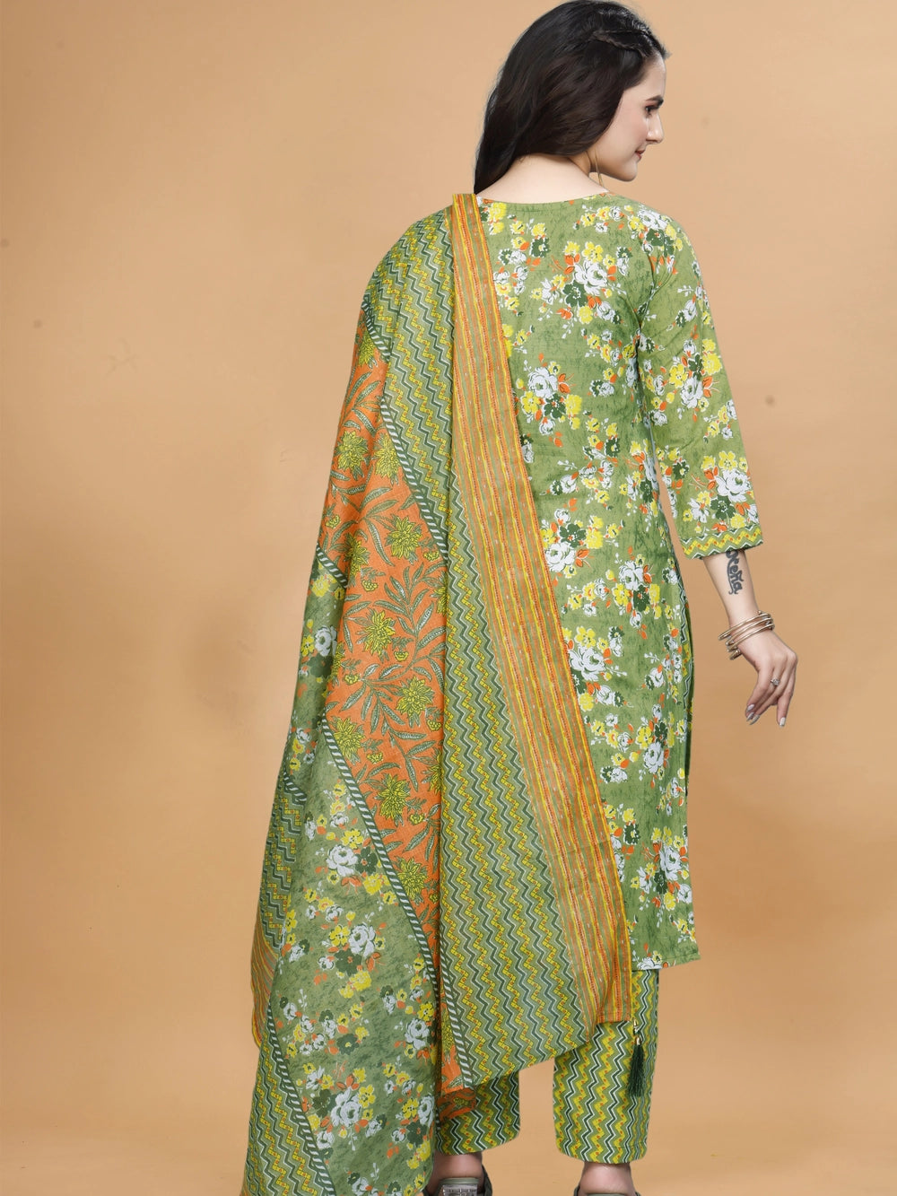 Floral Printed Parrot Green Cotton Kurti Set With Dupatta - Rheycart