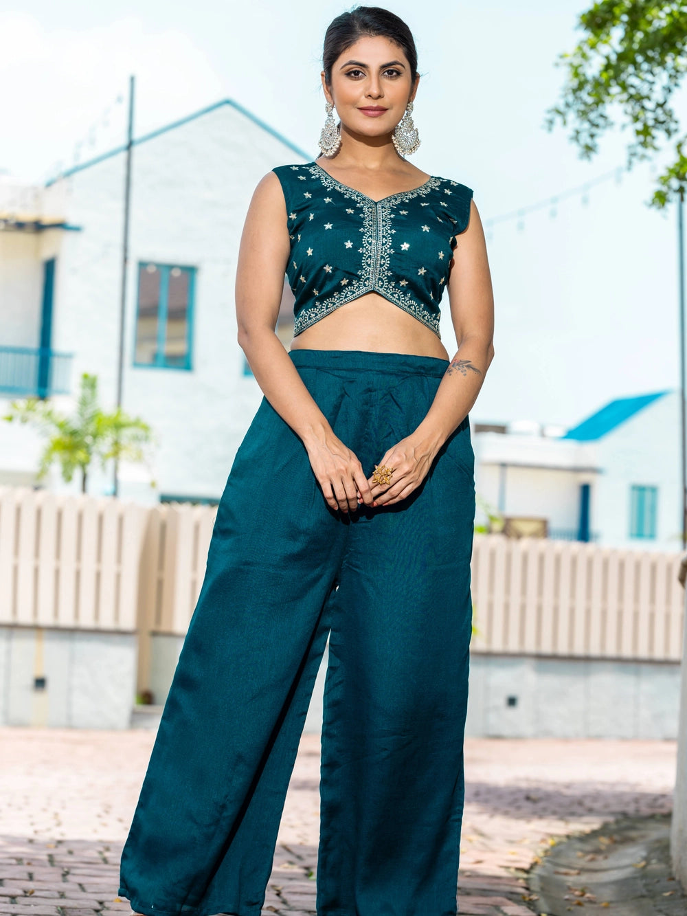 Teal Color Vichitra Silk Top Bottom With Shrug - Rheycart