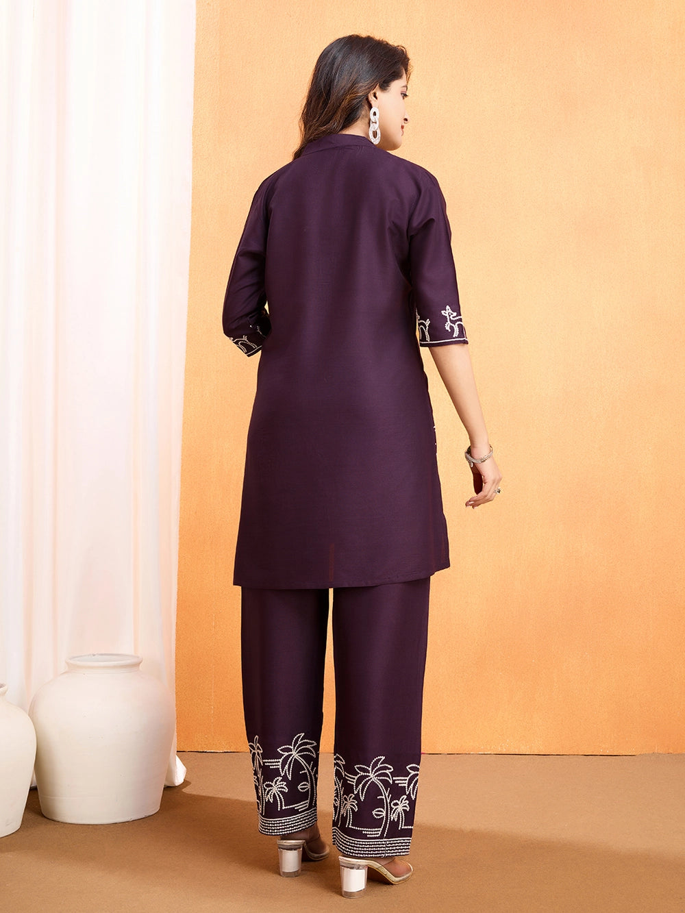 Ethnic Embroidered Wine Viscose Rayon Co-ord Set - Rheycart