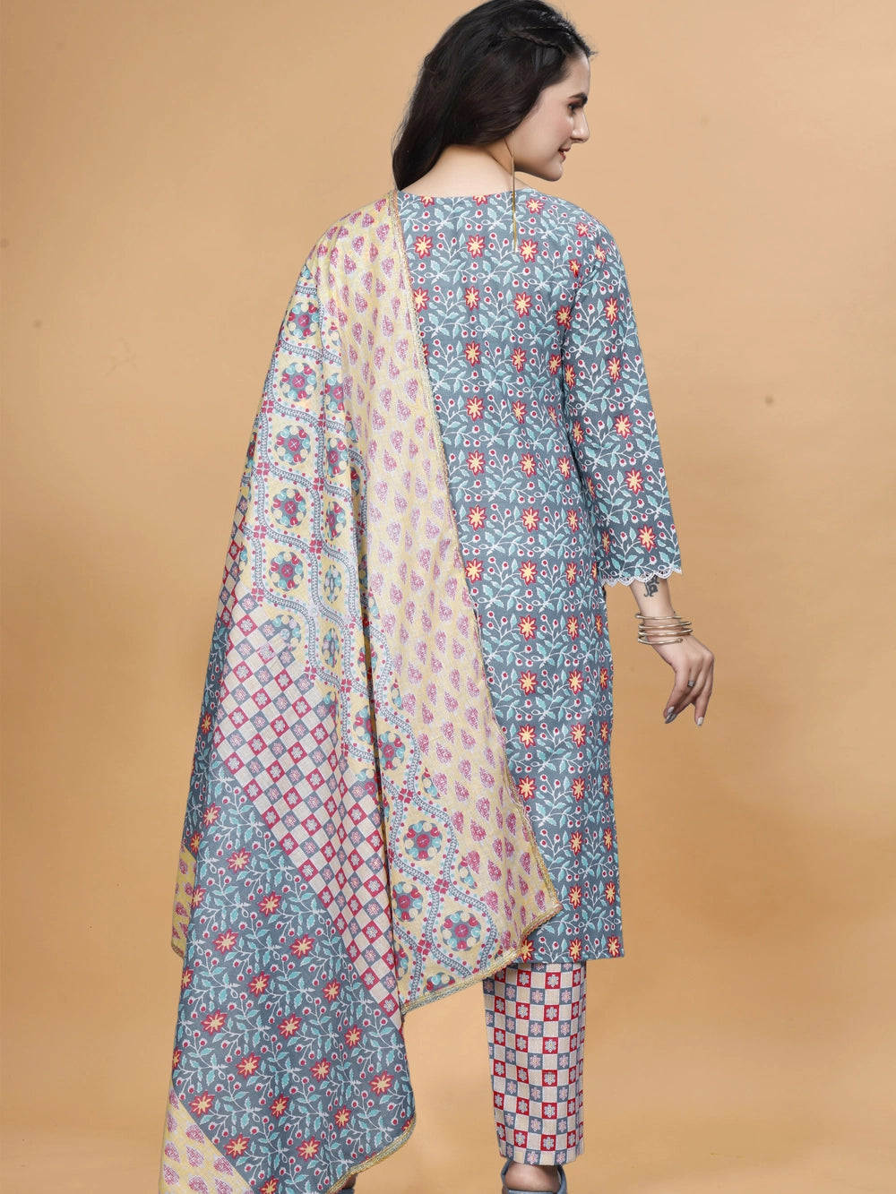 Floral Printed Gray Cotton Kurti Set With Dupatta - Rheycart