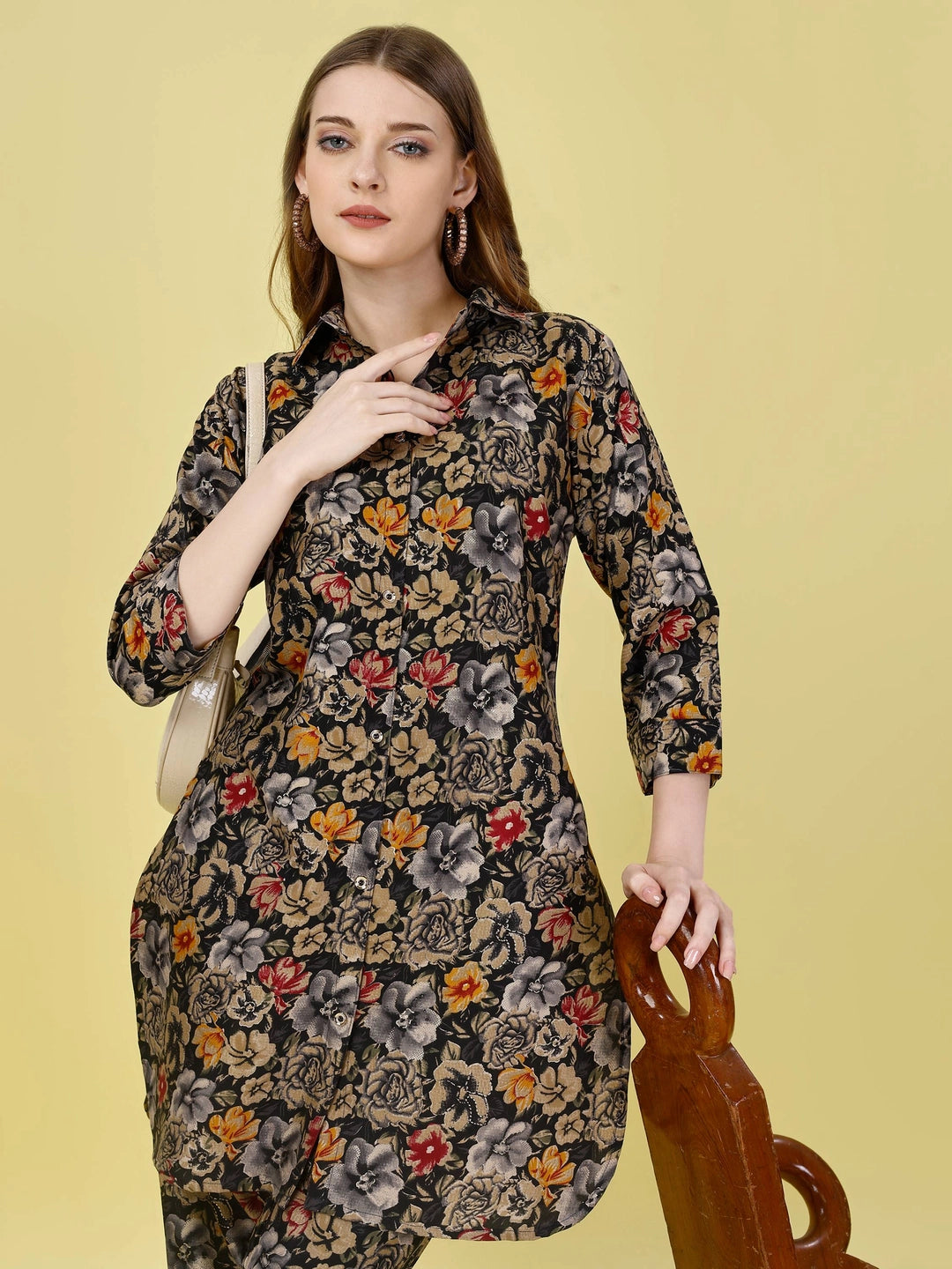 Floral Printed Cotton Rayon Black Co-ord Set - Rheycart