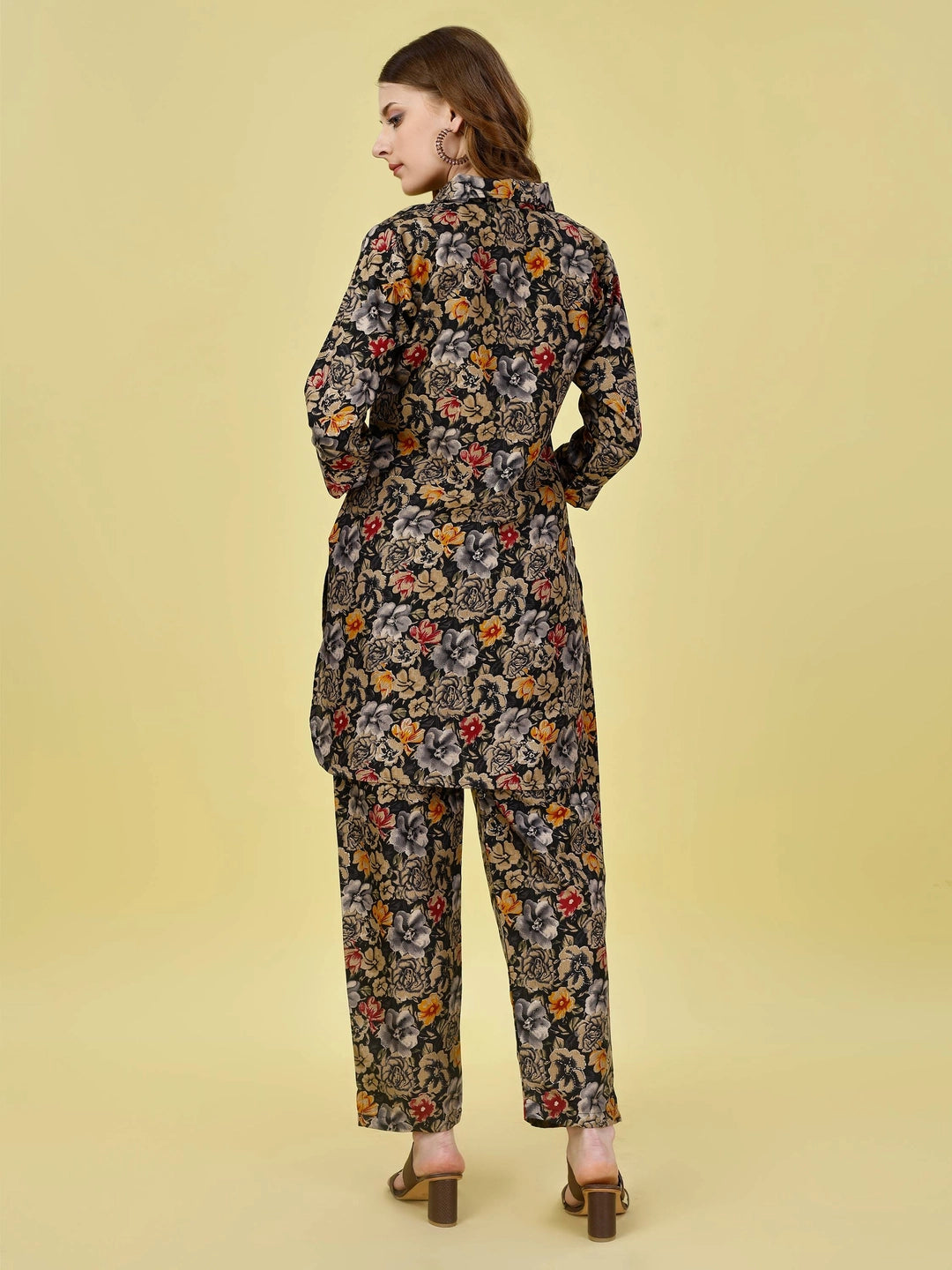Floral Printed Cotton Rayon Black Co-ord Set - Rheycart