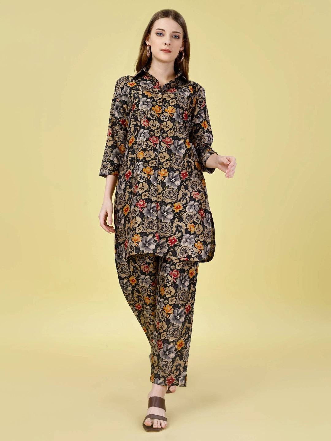 Floral Printed Cotton Rayon Black Co-ord Set - Rheycart