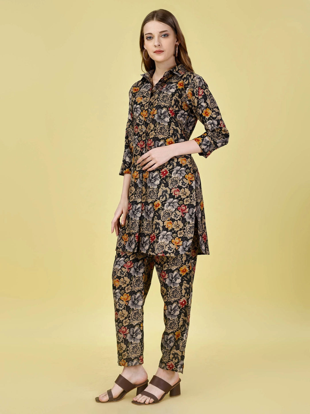 Floral Printed Cotton Rayon Black Co-ord Set - Rheycart