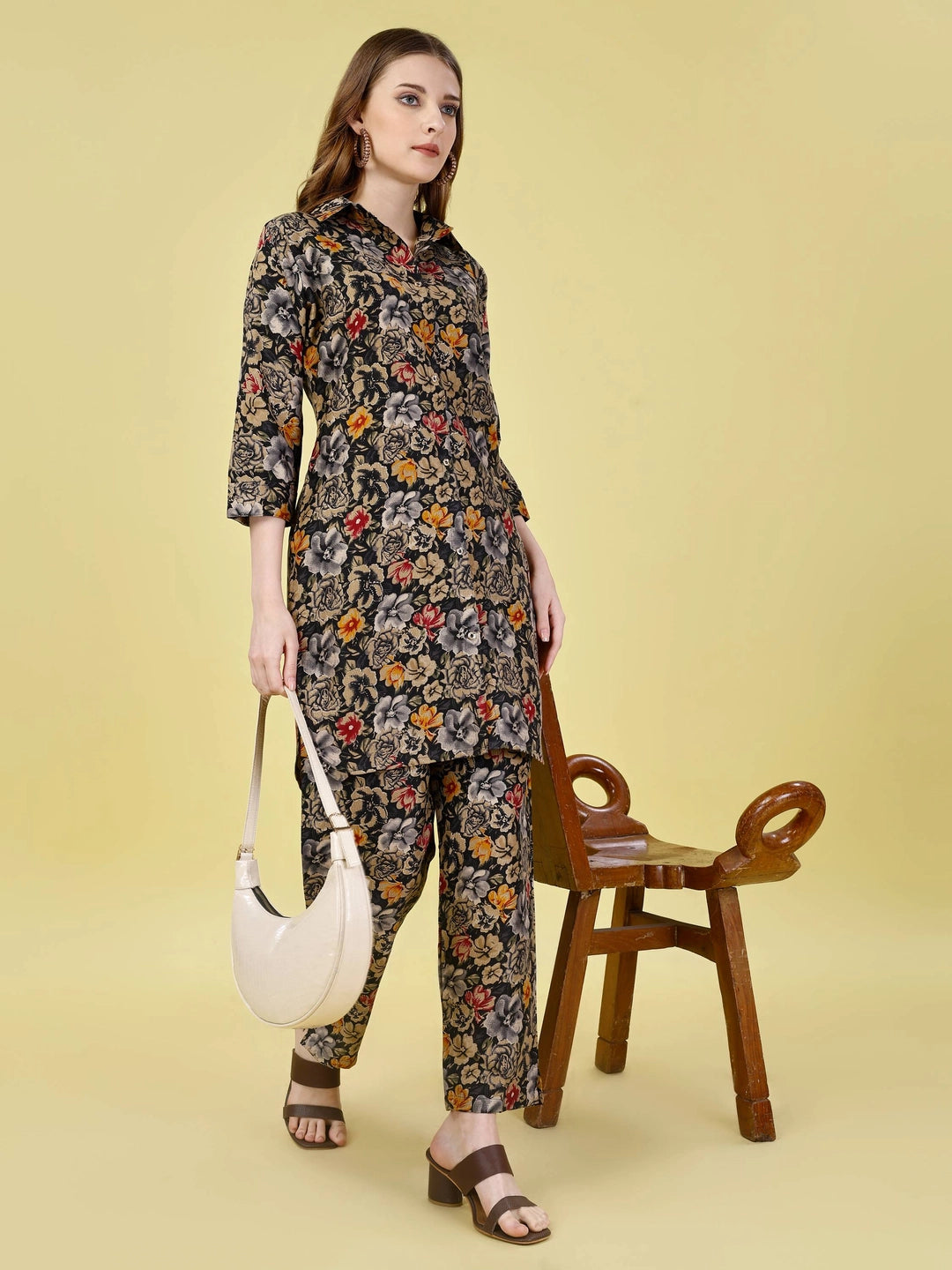 Floral Printed Cotton Rayon Black Co-ord Set - Rheycart
