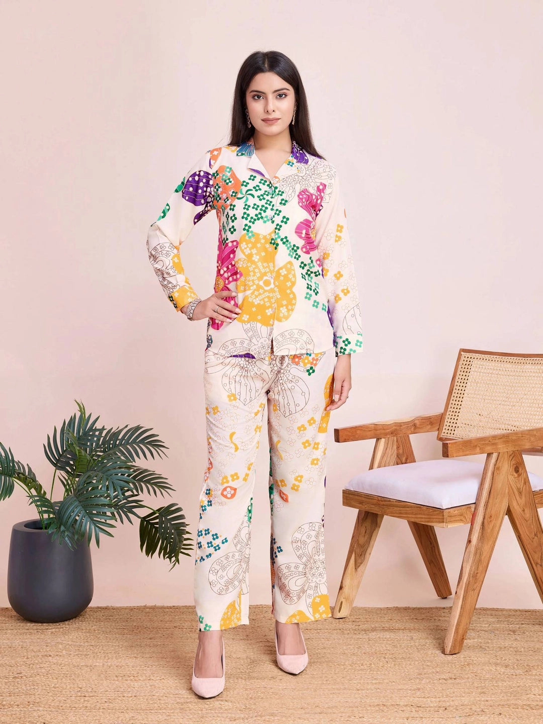 Tropical Printed White Co Ord Set for Women - Rheycart